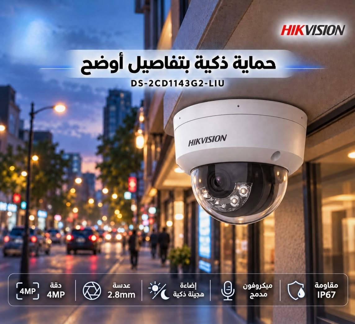🛡️ عالم الأمان الذكي بين يديك مع عمالقة المراقبة (Hikvision) 🛡️
لانبيتك، عملك، وممتلكاتك تستحق أعلى معايير الحماية، نقدم لك الحلول الأقوى عالمياً في مجال أنظمة المراقبة الأمنية من Hikvision — الخيار الأول للشركات، المنازل، والمنشآت التجارية التي لا تقبل الحلول الوسط.  
✨ لماذا تختار منظومة هيكفشن؟
 🔍 دقة وضوح فائقة: صور نقية وعالية الدقة (HD / 4K) تضمن لك رصد أقق الدقائق وتفاصيل الأحداث بوضوح تام طوال الوقت.  
 🌙 رؤية ليلية متطورة (ColorVu): توديع التصوير الأبيض والأسود الباهت؛ استمتع برؤية ليلية ملونة وواضحة تماماً حتى في أقصى ظروف الإضاءة المنخفضة.  
 🧠 تقنيات الذكاء الاصطناعي (AcuSense): تمييز ذكي بين حركة الأشخاص والمركبات لتقليل الإنذارات الكاذبة والتركيز على ما يهمك حقاً.  
 📱 متابعة لحظية عن بُعد: اربط كاميراتك بهاتفك الذكي عبر تطبيق Hik-Connect وتابع منزلك أو مشروعك بلسحظة بلحظة، أينما كنت وفي أي وقت.  
 🌧️ تحمل شاق لمختلف الظروف: تصاميم خارجية متينة مقاومة للماء والغبار والتقلبات الجوية بمعايير حماية عالية (IP67).  
💼 متوفر لدينا الآن تشكيلة متكاملة:
(كاميرات IP و Analog، أجهزة التسجيل NVR / DVR بمختلف القنوات، وأنظمة الإنتركوم الذكية).

نص مكتوب في الصور:
- HIKVISION DS-2CE10KF0T-LPFS دقة 3K عدسة 2.8mm ColorVu إضاءة هجينة ذكية رؤية ليلية
- HIKVISION حماية ذكية بتفاصيل أوضح DS-2CD1143G2-LIU 4MP دقة 4MP عدسة 2.8mm إضاءة هجين ذكية ميكروفون مدمج مقاومة IP67
- HIKVISION DS-2CD1123G2-LIU 2MP دقة 2MP عدسة 2.8mm إضاءة هجينَة ذكية ميكروفون مدمج مقاومة IP67
- HIKVISION DS-2CD1063G2-LIU 6MP 6MP عدسة 2.8mm إضاءة هجينة ذكية ميكروفون مدمج مقاومة IP67
- HIKVISION DS-2CD1083G2-LIU 8MP دقة 8MP عدسة 2.8mm إضاءة هجينة ذكية ميكروفون مدمج مقاومة IP67