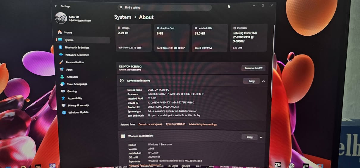 السلام عليكم من رخصت الادمن pc كامل للبيع
واصفات 
Motherboard ROG STRIX B365-G GAMING
Intel corei7 9th Gen 3.00 ghz
RAM corsair 32 GB 2500 ghz
Graphics card Amd rx 580 8GB
Power 550w 80plus
M.2 256GB win 11 
HDD 1 TB
شاشه msi 25
144Hz
كيبورد ميكانيكل skyloong SK61
ماوس لوجتك 502x اصدار الجديد 2025
مكاني بغداد السيديه  سعر ٧٥٠ الف وبيها مجال
واتساب موجود ***********
