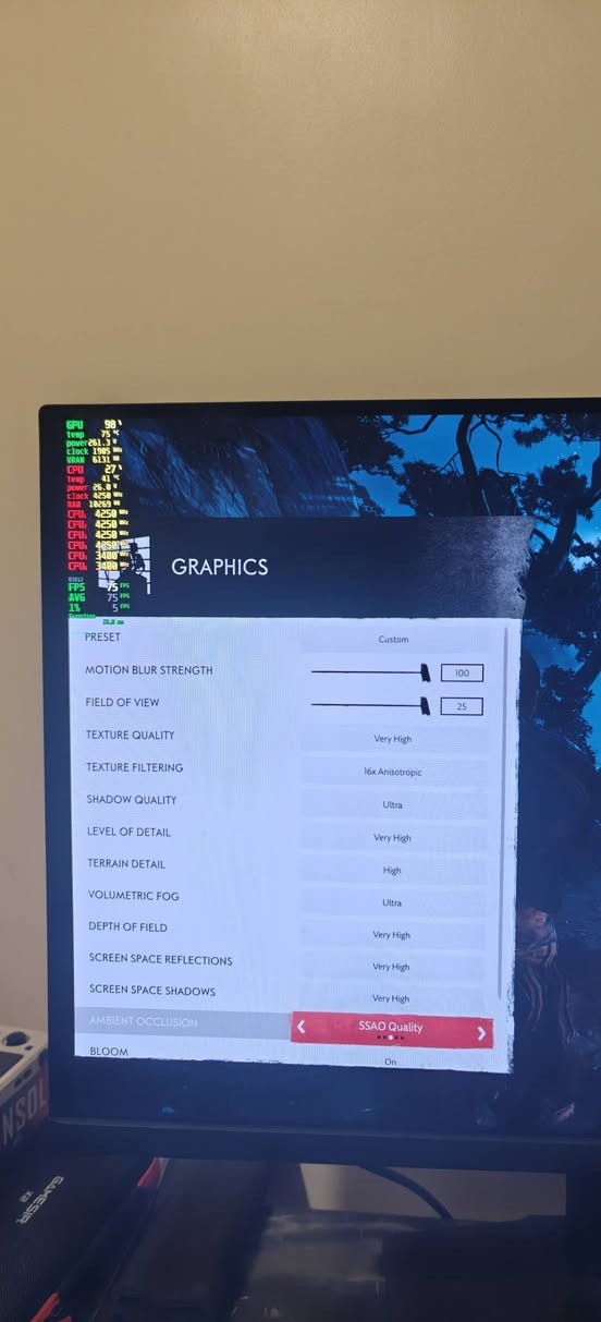 السلام عليكم
كرت شاشه 2080ti 11gb zotac 2fan كارت استخدام على شاشة 2k  أريد اراوس وانطي فرق ويه كرت 4070s أو ابيع السعر  400

ملاحظة الكرت مصبوغ لون أبيض 

مكاني بغداد الدورة ماعندي توصيل تجي للبيت تاخذ الكرت من الكيس وتفحص 

***********

نص مكتوب في الصور:
- GPU 99% temp 80 power 258.5 W clock 1860 MHz VRAM 6298 MB CPU 32% temp 42 C clock 20.6 W clock 4250 MHz RAM 18430 MB CPU 4250 MHz CPU 4250 MHz CPU 4250 MHz CPU 4250 MHz CPU 4250 MHz CPU 4250 MHz RAM 10112 MB FPS 71 FPS AVG 74 FPS 1% 16 FPS GRAPHICS < Custom > MOTION BLUR STRENGTH 100 FIELD OF VIEW 25 TEXTURE QUALITY Very High TEXTURE FILTERING 16x Anisotropic SHADOW QUALITY Ultra LEVEL OF DETAIL Very High TERRAIN DETAIL High VOLUMETRIC FOG Ultra DEPTH OF FIELD Very High SCREEN SPACE REFLECTIONS Very High SCREEN SPACE SHADOWS Very High AMBIENT OCCLUSION SSAO Quality BLOOM On RESET DEFAULTS SHOW DISPLAY OPTIONS BACK