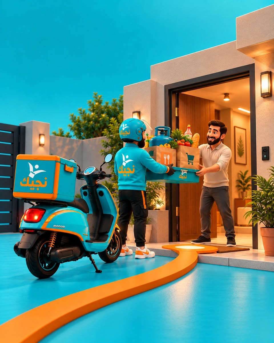 ليش تحتاج أكثر من مندوب؟ 🤔

من المطعم، للغاز، للماركت…
مندوب واحد يلمّها إلك ويوصلها لباب بيتك. 🛵

طلبات مختلفة، أما التوصيل؟
نجيك. 🧡

نص مكتوب في الصور:
- نجيك ليش تحتاج أكثر من مندوب؟ مطعم محل الغاز سوبر ماركت نجيك نجيك