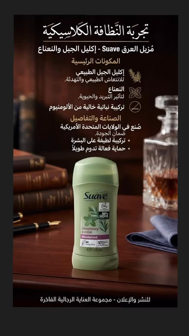 #معطرات_بروائح_مختلفه #البصره_الجزائر

نص مكتوب في الصور:
- تجربة النظافة الكلاسيكية
- مزيل العرق Suave - إكليل الجبل والنعناع
- المكونات الرئيسية
- إكليل الجبل الطبيعي
- للانتعاش الطبيعي والتهدئة.
- النعناع
- لتأثير التبريد والحيوية.
- تركيبة نباتية خالية من الألومنيوم
- الصناعة والتفاصيل
- صُنع في الولايات المتحدة الأمريكية
- ضمان الجودة.
- • تركيبة لطيفة على البشرة
- • حماية فعالة تدوم طويلاً
- للنشر والإعلان - مجموعة العناية الرجالية الفاخرة