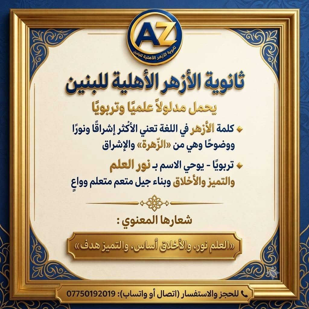لا توجد تفاصيل

نص مكتوب في الصور:
- AZ ثانوية الأزهر الأهليّة للبنين لأن مستقبل ابنك يبدأ باختيار البيئة التعليمية الصح! نخبة من خيرة الأساتذة متابعة دورية وامتحانات مستمرة قاعات مجهزة وأجواء منضبطة تواصل مباشر مع أولياء الأمور للواصل والاستفسار: *********** التحرير - الأوقاف - خلف سيطرة المعهد التقني
- ثانوية الأزهر الأهليّة للبنين يحمل مدلولاً علمياً وتربوياً كلمة الأزهر في اللغة تعني الأكثر إشراقاً ونوراً ووضوحاً وهي من «الزّهرة» والإشراق تربوياً - يوحي الاسم بـ نور العلم والتميز والأخلاق وبناء جيل متعلم متعلم وواع شعارها المعنوي : العلم نور، والأخلاق أساس، والتميز هدف للحجز والاستفسار (اتصال أو واتساب): ***********
- ثانوية الأزهر الأهلية للبنين
- تعلن ثانوية الأزهر للبنين عن فتح باب التسجيل للعام الدراسي الجديد لكافة المراحل الدراسية
- إذا كنت تبحث عن مدرسة تجمع بين الانضباط الأكاديمي والاهتمام الحقيقي بكل طالب، فثانوية الأزهر هي خيارك الأول:
- الموقع: التحرير - الأوقاف - خلف سيطرة المعهد التقني
- للاستفسار والحجز المباشر (اتصال / واتساب): ***********
- ثانوية الأزهر للبنين.. نصنع التفوق ونرسم طريق النجاح.