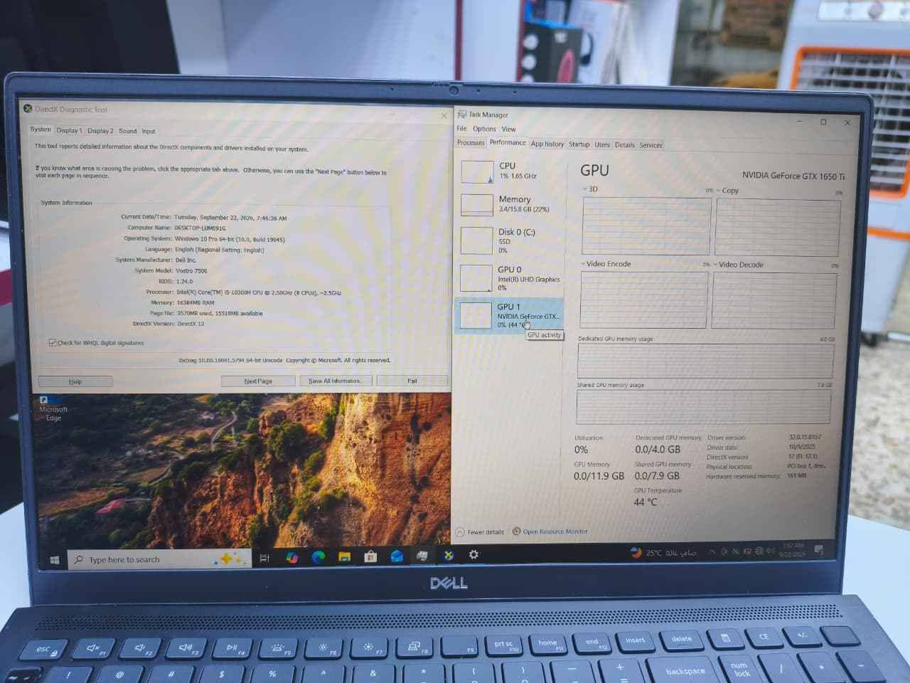 Dell Vostro 7590 — الأداء العالي والتصميم الاحترافي
لابتوب مميز يجمع بين قوة المعالجة والتصميم الأنيق، مثالي للأعمال الهندسية، البرمجة، والمهام اليومية الثقيلة.
المواصفات الفنية:
المعالج: Intel Core i7-9750H (سداسي النواة، أداء قوي جداً للمهام الشاقة)
الذاكرة العشوائية (RAM): 16GB DDR4 (لسلاسة فائقة في التنقل بين البرامج)
التخزين: 512GB SSD (سرعة عالية في التشغيل ونقل البيانات)
كارت الشاشة الأول: Intel UHD Graphics 630
كارت الشاشة الثاني: NVIDIA GeForce GTX 1050 بسعة 3GB (مناسب لبرامج التصميم، المونتاج، والألعاب)
الشاشة: 15.6 بوصة بدقة FHD لعرض واضح وتفاصيل حادة
الملحقات المجانية:
الشاحن الأصلي + كيبل الشحن
حقيبة لابتوب ممتازة
ماوس (Mouse)
ماوس باد (Mouse Pad)
الحالة: ممتازة وجاهز للاستخدام الفوري.
السعر 570الف دينار 
للحجز اتصل على الرقم *********** بغداد, العراق

نص مكتوب في الصور:
- DirectX Diagnostic Tool
- System Display 1 Display 2 Sound Input
- This tool reports detailed information about the DirectX components and drivers installed on your system.
- If you know what area is causing the problem, click the appropriate tab above. Otherwise, you can use the "Next Page" button below to visit each page in sequence.
- System Information
- Current Date/Time: Tuesday, September 22, 2020, 7:45:35 AM
- Computer Name: DESKTOP-LUM091G
- Operating System: Windows 10 Pro 64-bit (10.0, Build 19045)
- Language: English (Regional Setting: English)
- System Manufacturer: Dell Inc.
- System Model: Vostro 7500
- BIOS: 1.24.0
- Processor: Intel(R) Core(TM) i5-10300H CPU @ 2.50GHz (8 CPUs), ~2.5GHz
- Memory: 16384MB RAM
- Page File: 3570MB used, 15519MB available
- DirectX Version: DirectX 12
- Check for WHQL digital signatures
- DiagDir: 10.00.19041.5794 64-bit Unicode Copyright (C) Microsoft. All rights reserved.
- Help
- Next Page
- Save All Information
- Exit
- Microsoft
- Edge
- Task Manager
- File Options View
- Processes Performance App history Startup Users Details Services
- CPU
- 1% 1.65 GHz
- Memory
- 3.4/15.8 GB (22%)
- Disk 0 (C:)
- SSD
- 0%
- GPU 0
- Intel(R) UHD Graphics
- GPU 1
- NVIDIA GeForce GTX...
- 0% (44 °C)
- GPU activity
- GPU
- 3D
- Video Encode
- Dedicated GPU memory usage
- Shared GPU memory usage
- Utilization
- CPU Memory
- 0.0/11.9 GB
- NVIDIA GeForce GTX 1650 Ti
- 0% - Copy
- 0% - Video Decode
- Dedicated GPU memory
- 0.0/4.0 GB
- Shared GPU memory
- 0.0/7.9 GB
- GPU Temperature
- 44 °C
- Driver version:
- Driver date:
- DirectX version:
- Physical location:
- Hardware reserved memory:
- Fewer details
- Open Resource Monitor
- 32.0.15.0157
- 10/1/2025
- 12.0 (FL 12.1)
- PCI bus 1, device 0, function 0
- 161 MB
- Type here to search
- 25 °C 7:46 AM
- 9/22/2020