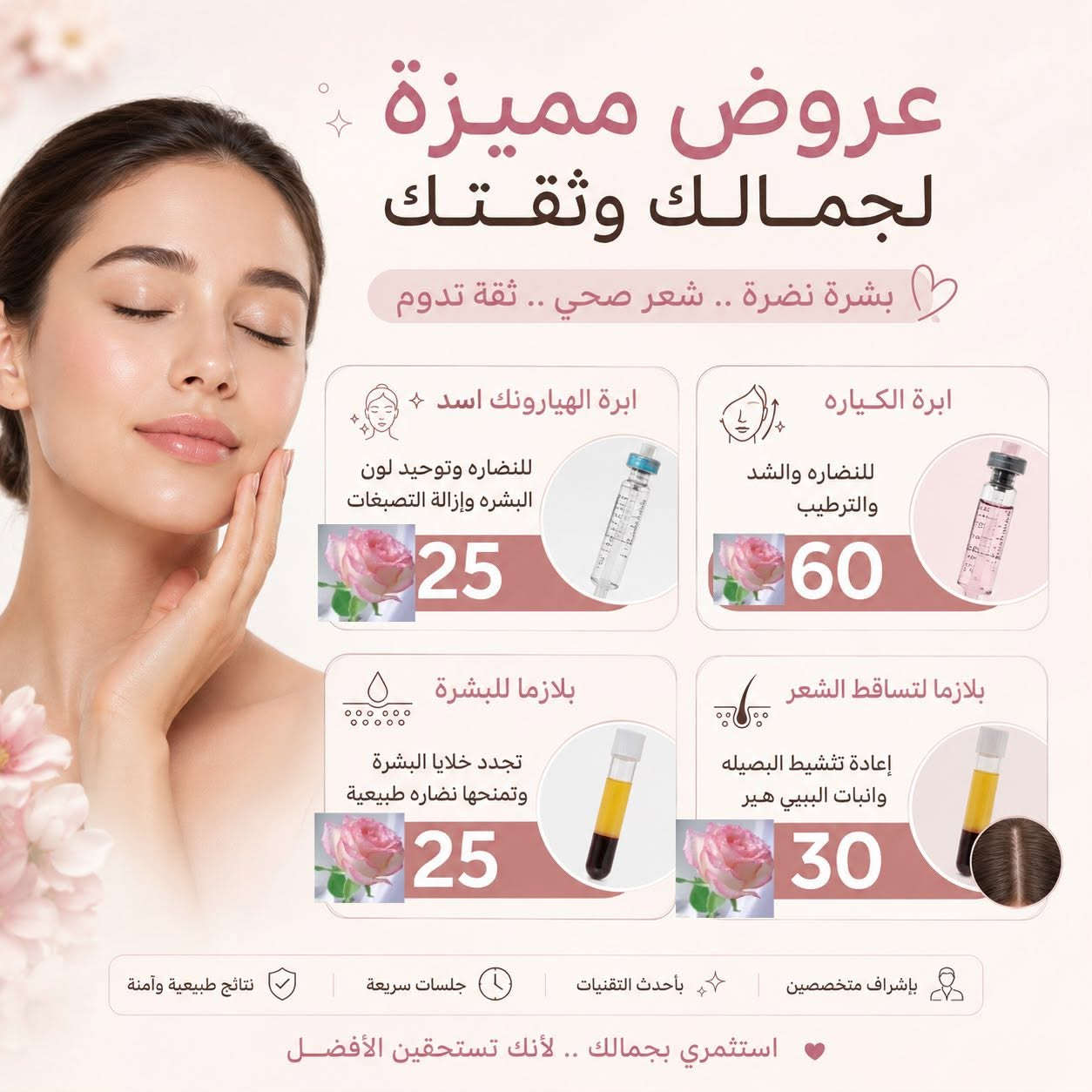 ✨ جمالچ يبدأ من هنا… والعناية الصح تفرق ✨اوقات الشغل من الساعه 2 ضهرا لغاية الساعه 8 مساءا 
والحجز مسبق حبيباتي

نقدملچ مجموعة من خدمات التجميل والعناية بالبشرة بأحدث التقنيات 🤍

🌸 ليزر إزالة الشعر
لبشرة ناعمة وراحة تدوم أكثر.والنتائج المضمونه عدنا وبس 

✨ إزالة التاتو والوشم بالليزر
لمن تحبين تبدين صفحة جديدة.

💧 الهيدروفيشل
تنظيف، ترطيب وانتعاش لبشرة أكثر نضارة.

💉 حقن النضارة
لإشراقة وحيوية وترطيب البشرة.

💋 الفلر
لمسات جمالية تبرز ملامحچ بطريقة ناعمة ومتناسقة.

🖤 التقشير الكربوني
للوجه للمساعدة على تحسين مظهر التصبغات وتوحيد مظهر البشرة،
وللمناطق الحساسة للعناية بمظهرها وتفتيحها.

🤍 نهتم بتفاصيل جمالچ… لأنچ تستحقين الأفضل.

📩 للحجز والاستفسار راسلونا على الرقم ***********
