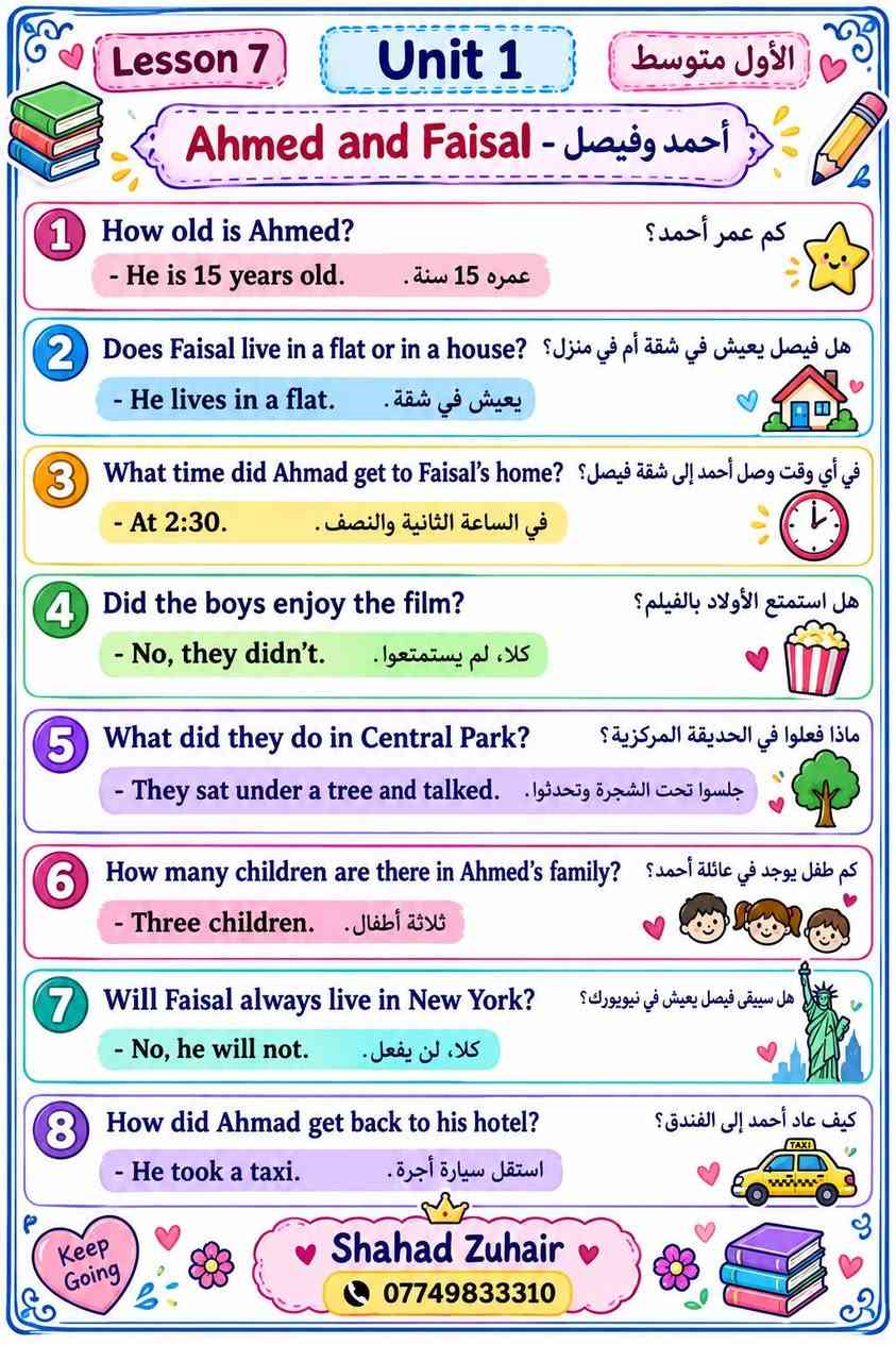 اسئلة القطع المطلوبه الوحده الأولى والوحده الثانيه https://t.me/shzu0909
#الاول متوسط 
الست شهد

نص مكتوب في الصور:
- اجوبة اسئلة القطعة على الصفحة 1 What did yassir see from the top of the London Eye ? > He saw snow and white clouds. 2 Was he happy that he went to London eye ? > Yes, he was. Answer the questions. a Who are the characters of the story ? > Yassir, Halla and their parents. b What is the story about ? > about Yassir and his family who went to London eye in New Year's day. C Why were the streets quiet ? > Because the evening before was new year's eve. d What is the name of the last day of the year ? > new year's Eve. e What do people do on this day ? > people hold hands and sing a special song . f Halla asked Yassir if he was frightened. Why didn't he answer ? > because he was frightened. شهد زهير الحديثي ***********
- تمرين رقم (1) ص 21 من كتاب النشاط / ضع صح او خطأ / الاسئلة مهمة متعلقة بالقصة 1 True or False ? a There was a cat nearby waiting to eat the swift. False b When the narrator unwrapped the swift, it didn't move False c Swift can fly for almost a year True d Swifts like places with little noise True e The narrator wanted the bird to fly away False f The narrator was both happy and sad when the swift flew away. True تمرين رقم (2) ص 21 من كتاب النشاط / أجب على الاسئلة التالية (للإطلاع) 2 Answer the following questions: a Who are the characters in the story? - The narrator, his mother and the bird (swift) b What is the story about ? - a boy who finds a little bird in trouble and tries to help it. C Where is the story set ? - she found the swift in the bushes. d When was the story happened ? - last month شهد زهير الحديثي ***********
- Lesson 7 Unit 1 الأول متوسط أحمد وفيصل - Ahmed and Faisal 1 How old is Ahmed? كم عمر أحمد؟ - He is 15 years old. عمره 15 سنة. 2 Does Faisal live in a flat or in a house? هل فيصل يعيش في شقة أم في منزل؟ - He lives in a flat. يعيش في شقة. 3 What time did Ahmad get to Faisal's home? في أي وقت وصل أحمد إلى شقة فيصل؟ - At 2:30. . في الساعة الثانية والنصف 4 Did the boys enjoy the film? هل استمتع الأولاد بالفيلم؟ - No, they didn't. كلا، لم يستمتعوا. 5 What did they do in Central Park? ماذا فعلوا في الحديقة المركزية؟ - They sat under a tree and talked. جلسوا تحت الشجرة وتحدثوا. 6 How many children are there in Ahmed's family? كم طفل يوجد في عائلة أحمد؟ - Three children. ثلاثة أطفال. 7 Will Faisal always live in New York? هل سيبقى فيصل يعيش في نيويورك ؟ - No, he will not. كلا، لن يفعل. 8 How did Ahmad get back to his hotel? كيف عاد أحمد إلى الفندق؟ - He took a taxi. استقل سيارة أجرة. Keep Going Shahad Zuhair 0774983310
- Lesson 7 Unit 1 الأول متوسط
- قطعة الثانية (رسالة من أستراليا) (A letter from Australia)
- 19 Harbour Street,
- Sydney,
- Australia.
- Dear Halla,
- Are you back at school now? I went back last week after a wonderful holiday. I went camping with my family and then I stayed with my friend,
- Jane, for two weeks.
- We had a great time. We often walked in the parks
- and took pictures. One day, we went to the museum.
- Is there one in Baghdad? Sometimes we went to
- the cinema in the evenings, but we usually stayed
- in and watched videos or played games. Everyone
- liked fish, so, for dinner, we often had fish cooked
- on a barbecue. What is your favourite food?
- In my spare time, I like collecting photographs of
- countries around the world. I don't have any of Iraq.
- Can you send me some, please?
- What did you do in the holidays? And what do
- you do in your spare time? Please write and tell
- me everything.
- Bye for now,
- Karen
- 19 شارع الميناء،
- سيدني،
- أستراليا.
- عزيزتي هلا،
- هل عدت إلى المدرسة الآن؟ لقد عدتُ الأسبوع الماضي
- بعد عطلة رائعة. ذهبتُ للتخييم مع عائلي ثم بقيت
- مع صديقتي، جين، لمدة أسبوعين.
- لقد قضبنا وقتاً رائعاً. في أغلب الأحيان كنا نسير في
- الحدائق ونلتقط الصور. في أحد الأيام، ذهينا إلى
- المتحف. هل هناك واحد في بغداد؟ أحياناً كنا نذهب
- إلى السينما في المساء، لكن عادةً كنا نبقى في المنزل
- ونشاهد الفيديوهات أو نلعب الألعاب. الجميع يحب
- السمك، لذلك غالباً كنا نكل السمك المشوي على
- الشواء. ما طعامك المفضل؟
- في وقت فراغي، أحب جمع الصور الفوتوغرافية للبلدان
- جول العالم. ليس لدي أي منها للعراق. هل يمكنك أن
- ترسل لي بعضها، من فضلك؟
- ماذا فعلت في العطلة؟ وماذا تفعلين في وقت فراغك؟
- أرجو أن تكتبي وتخبريني بكل شيء.
- وداعا الآن،
- كارن
- أسئلة وأجوبة القطعة (مترجمة)
- Where does Karen come from?
- من أين أنتِ كاررز؟
- Who is Jane?
- - Karen's friend.
- من هي جين؟
- صديقة كارن.
- What does Karen like to eat?
- - Fish.
- ماذا تحب كارن أن تأكل؟
- السمك.
- What does she do in her spare time?
- - Collects photographs.
- ماذا تفعل في وقت فراغها؟
- تجمع الصور.
- الأسم: شهد زهير
- رقمي: ***********
- 18
- Lesson 6 Different schools مدارس مختلفة يحتوي هذا الدرس على قطعة (مدارس مختلفة) وهي قطعة مطلوبة في الامتحان بالإضافة الى ملاحظات التنقيط Read and answer the question. One afternoon, Yassir was playing in the park. It was December and it was windy. Another boy was playing on a skateboard. He was playing alone. He was not from Iraq. "Hello," said Yassir. "My name's Yassir. Where are you from?" The other boy was from England and his name was Simon. "My father works in Basra," he said. "I'm on holiday here." "On holiday!" said Yassir. "Don't you go to school?" "Yes," said Simon. "But we have holidays now." "Holidays in December!" said Yassir. Simon explained. There are three terms in the school year in England – the autumn term, the spring term and the summer term. The students have two weeks' holiday at Christmas and two weeks' holiday in spring. They also have six weeks' holiday in summer. The school year begins in September. "And we have one week's holiday in the middle of each term. That's called a half-term holiday," Simon added. "What about you?" "We don't have terms. We have semesters. You? We have one holiday at the end of the same time every year. It's for example, for example: holidays are at different times every year. Eid al-Fitr, for example. What's the half-term?" asked Simon. في أحد الأيام، كان ياسر يلعب في الحقيدة. كان الشهر ديسمبر وكان الجو عاصفا. وكان هناك فتى آخر يلعب بلوح التزلج. كان يلعب وحيدا. لم يكن من العراق. قال ياسر: "مرحبا" اسمي ياسر، من أين أنت؟ كان الفتى الآخر من انكلترا واسمه سيمون. قال سيمون "أبي يعمل في البصرة" وأنا في عطلة هنا. قال ياسر "في عطلة؟" ان تذهب للمدرسة؟ قال سيمون "نعم " لكننا الآن في عطلة. قال ياسر "عطلة في شهر ديسمبر؟" وضح سيمون هناك ثلاث فصول في العام الدراسي، في انكلترا: الخريف، الربيع وفصل الصيف. الطلاب لديهم أسبوعان عطلة في عيد رأس السنة، وأسابيع في فصل الربيع. وكذلك ست أسابيع لدينا أسبوع عطلة في منتصف كل ونصل / فصا، ويدعي عطلة نهتنة. وأتميز بطلتينا. عطلون تكون في نفس الوقت من كل عام كعيد الجميل العراقي، سأكون سيمون "جاكو" عيدا هو عيد الفطر؟ تمارين رقم 1 من كتاب النشاط / أجب على الاسئلة باستخدام اجابات قصيرة أسئلة القطعة (للحفظ مهمة جدا) a What season is it? Winter b Who is Simon playing with? Nobody c Who speaks first? Yassir d Who is on holiday? Simon e What are the three parts of the school year in England called? Terms f How many half-term holidays does Simon have in year? Three g How many weeks' holiday does Simon have every year? Thirteen شهد زهير الحديثي ***********