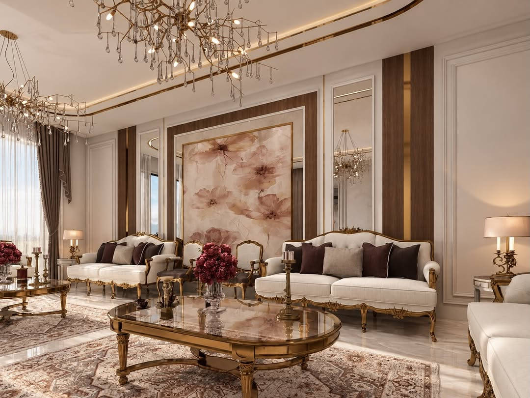 تصميم نيوكلاسيك لاستقبال ضيوف، يجمع بين الفخامة والدفء ضمن أجواء متوازنة وأنيقة.🤍✨
اعتمد التصميم على الخشب الطبيعي، المرايا، التفاصيل الذهبية، والأقمشة بدرجات البيج والبني الدافئ، مع لمسات ناعمة من الثريات والأعمال الفنية.

تصميم المهندسة المعمارية ماريا عماد عزيز
مكتب العمران الهندسي

A refined Neo-Classical guest reception, designed with a balance of timeless elegance, warmth, and comfort.

Designed by Arch. Maria Imad Azeez
Al-Omran Engineering Office

نص مكتوب في الصور:
- MOOD BOARD NEW CLASSIC LIVING ROOM A timeless blend of classic elegance and modern refinement, featuring luxurious textures, warm neutrals, and sophisticated details for a graceful and inviting living space. CLASSIC DETAILS LUXURIOUS ACCENTS ELEGANT LIGHTING
- POLISHED MARBLE FLOOR
- RICH WALNUT PANELING
- GILDED BRASS TRIM
- CREAM SOFA FABRIC
- BURGUNDY ACCENT VELVET
- TRADITIONAL RUG TEXTURE
- LIVING ROOM DESIGN PROPOSAL TIMELESS ELEGANCE IN EVERY DETAIL FITMENT SELECTION 3-SEATER SOFA Material: Solid wood + fabric Finish: Antique gold leaf Approx. size: 240 x 100 x 95 cm Style: Classic / Neoclassical ARMCHAIR Material: Solid wood + fabric Finish: Antique gold leaf Approx. size: 75 x 80 x 100 cm Style: Classic / Neoclassical COFFEE TABLE Material: Marble + metal Finish: Gold plating Approx. size: 175 x 90 x 45 cm Style: Classic / Elegant CHANDELIER Material: Brass + crystal Finish: Antique gold Approx. size: Ø 120 x 70 cm Style: Classic / Luxurious SIDE TABLE Material: Metal + marble Finish: Gold plating Approx. size: Ø 60 x 70 cm Style: Classic / Elegant AREA RUG Material: Wool / Silk blend Finish: Hand-knotted look Approx. size: 300 x 200 cm Style: Persian / Traditional DRAWINGS Wall paneling with gold detail Mirrors Crystal chandelier with antique gold finish Floral artwork (as focal point) Classic seating with gold carved frame Persian area rug Oval coffee table (marble + gold metal) Marble flooring (white / cream) Ambient lighting (ceiling + hidden LED) MATERIAL SELECTION Walnut Wood (wall panels) Cream Upholstery (sofas & chairs) Marble / Porcelain Flooring (white / cream) Antique Gold Metal (frames & details) Mirror (vertical panels) Floral Artwork (wall art) Rug Textile (Persian pattern) ELEGANT SPACES FOR A BETTER LIFESTYLE CLASSIC NEOCLASSICAL LUXURY Furniture Selection 3-Seater Sofa Material: Solid wood + fabric Finish: Antique gold leaf Approx. size: 240 x 100 x 95 cm Style: Classic / Neoclassical Armchair Material: Solid wood + fabric Finish: Antique gold leaf Approx. size: 75 x 80 x 100 cm Style: Classic / Neoclassical Coffee Table Material: Marble + metal Finish: Gold plating Approx. size: 175 x 90 x 45 cm Style: Classic / Elegant Chandelier Material: Brass + crystal Finish: Antique gold Approx. size: Ø 120 x 70 cm Style: Classic / Luxurious Side Table Material: Metal + marble Finish: Gold plating Approx. size: Ø 60 x 70 cm Style: Classic / Elegant Area Rug Material: Wool / Silk blend Finish: Hand-knotted look Approx. size: 300 x 200 cm Style: Persian / Traditional Drawings Wall paneling with gold detail Mirrors Crystal chandelier with antique gold finish Floral artwork (as focal point) Classic seating with gold carved frame Persian area rug Oval coffee table (marble + gold metal) Marble flooring (white / cream) Ambient lighting (ceiling + hidden LED) Material Selection Walnut Wood (wall panels) Cream Upholstery (sofas & chairs) Marble / Porcelain Flooring (white / cream) Antique Gold Metal (frames & details) Mirror (vertical panels) Floral Artwork (wall art) Rug Textile (Persian pattern) Classic details create timeless spaces.