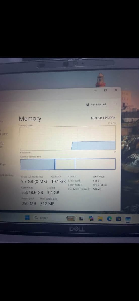 لابتوب
سلام عليكم
لابتوب
سوبر سليم
لابتوب لايتيد 7420
يجي بمعالج كور اي 7 الجيل 11
رام 2*8 ddr4 تردد 4200 شي عملاق مجموع رام ١٦
يجي كرت شاشه داخلي 8 جيجا فيرام
يجي بتخزين حديث نص تيرا 512 ssd سريع
يجي حجم شاشه 13.3 انش
تجي وزن خفيف تقريبا كيلو او اقل او اكثر بشويه
شاحن اصلي تايبسي 65 واط
مع حقيبه مع ماوس 
ضمان تشغيل بطاريه ساعه الى ساعه ونص 

للتواصل رقمي ***********

سعر 420 الف 
بصمه اصبع 
فيس ايدي
لمس
كاميره

نص مكتوب في الصور:
- Disk 0 (C:) MTFDKBA512TFH-1BC1AABHA Active time 100% 60 seconds Percentage of time the disk is processing read or write requests 0 Disk transfer rate 10 MB/s 7 MB/s 60 seconds 0 Active time 0% Average response time 0 ms Capacity: 477 GB Formatted: 477 GB System disk: Yes Read speed 0 KB/s Write speed 0 KB/s Page file: Yes Type: SSD (NVMe) Search DELL
- CPU 14% 4.02 GHz Memory 9.3/15.7 GB (59%) Disk 0 (C:) SSD (NVMe) 0% Wi-Fi Wi-Fi S: 16.0 R: 864 Kbps GPU 0 Intel(R) Iris(R) Xe Grap... 2% N/A CPU CPU 11th Gen Intel(R) Core(TM) i7-1185G7 @ 3.00GHz % Utilization 100% 60 seconds Utilization 14% Speed 4.02 GHz Base speed: 1.80 GHz Sockets: 1 Cores: 4 Processes 266 Threads 4207 Handles 136946 Logical processors: 8 Virtualization: Enabled L1 cache: 320 KB Up time 0:00:41:47 L2 cache: 5.0 MB L3 cache: 12.0 MB Q Search
- Task Manager Performance Run new task CPU 15% 3.69 GHz Memory 9.3/15.7 GB (59%) Disk 0 (C:) SSD (NVMe) 1% Wi-Fi Wi-Fi S: 0.1 R: 2.6 Mbps GPU 0 Intel(R) Iris(R) Xe Grap... 2% N/A GPU Intel(R) Iris(R) Xe Graphics 3D 0% Copy 0% Video Decode 2% Video Processing 0% 7.9 GB Shared GPU memory Utilization 2% GPU Memory 0.8/7.9 GB Shared GPU memory 0.8/7.9 GB Driver version: Driver date: DirectX version: Physical location: Temperature N/A 32.0.101.7084 1/15/2026 12 (FL 12.1) PCI bus 0, devic... Search DELL
- Memory
- Run new task
- 16.0 GB LPDDR4
- 15.7 GB
- Memory usage
- 60 seconds
- 0
- Memory composition
- In use (Compressed)
- 5.7 GB (0 MB)
- Available
- 10.1 GB
- Speed:
- Slots used:
- Form factor:
- Hardware reserved:
- 4267 MT/s
- 8 of 8
- Row of chips
- 278 MB
- Committed
- 5.3/18.6 GB
- Cached
- 3.4 GB
- Paged pool
- 250 MB
- Non-paged pool
- 312 MB
- Search