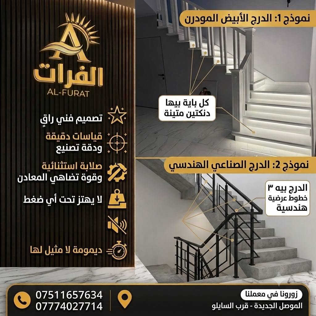 السلام عليكم ورحمة الله وبركاته 🖐️
​🔥 عروض خاصة وحصرية من معملنا لأصحاب الذوق والتميز! 🔥
​هل تبحث عن متانة، إتقان، وتصاميم حديثة لبيتك؟ معملنا يقدم لك أفضل خدمات تفصيل وتركيب الأبواب، الشبابيك، الكاونترات، ومحجلات الدرج بأعلى المواصفات وأنسب الأسعار!
​✨ لماذا تختار معملنا؟
✅ كادر متكامل وخبرة طويلة بالقياس والتركيب.
✅ ضمان حقيقي لمدة 5 سنوات على كافة الأعمال والمواد.
✅ دقة عالية بالمواعيد وسرعة فائقة بالإنجاز.
✅ أحدث التصاميم المودرن والكلاسيك التي تتناسب مع كافة الأذواق.
​📋 قائمة الأسعار والمواصفات:
​🚪 الأبواب البلاستيكية:
​الباب الصاجي الثقيل: 225 ألف دينار
​الباب الأبيض الثقيل: 140 ألف دينار
​الباب الأبيض الوسط: 130 ألف دينار
​الباب الأبيض الخفيف: 115 ألف دينار
​🪟 الشبابيك (بلاستيك وألمنيوم):
​متر الشباك الألمنيوم اسلايت: 65 دولار
​متر الشباك الألمنيوم مسح نورمن: 50 دولار
​متر الشباك البلاستيك الألوان (صاجي، أسود ملكي): 45 دولار
​متر الشباك البلاستيك الأبيض الثقيل: 30 دولار
​🍽️ الكاونترات:
​المتر الثقيل: 100 دولار
​المتر الخفيف: 90 دولار
​🪜 محجلات الدرج:
​أسعار المتر تبدأ من: 28 دولار إلى 40 دولار (حسب النقشة والديزاين)
​📞 للطلب والاستفسار أو لحجز موعد القياس الموقعي:
📲 أرقام الهاتف:
​***********
​***********
​📍 الموقع: الموصل - الموصل الجديدة - قرب فرع السايلو
​💡 جاهزون لتلبية طلباتكم بأعلى دقة وأفضل جودة!

