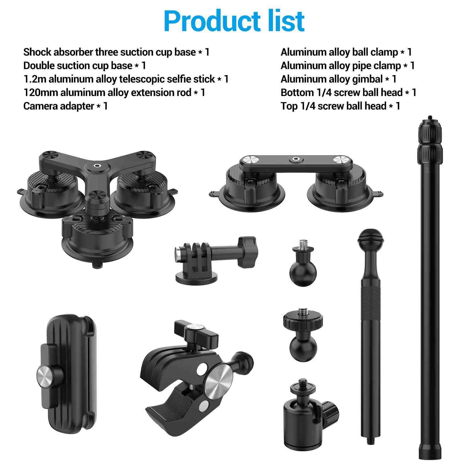 طقم حامل الشفط (Suction Mount) وعصا السيلفي للسيارات والكاميرات
تم تصميم هذا الطقم المتطور لتثبيت كاميرات الأكشن و 360 (مثل Insta360 و GoPro) على السيارة التقاط زوايا سينمائية استثنائية وبثبات تام.
✨ أبرز المميزات:
 ثبات فائق وممتص للصدمات: يحتوي على قاعدتي شفط قويتين (قاعدة ثلاثية ممتصة للاهتزاز وقاعدة ثنائية) للتثبيت المحكم على الزجاج أو هيكل السيارة.
 عصا سيلفي تلسكوبية (1.2 متر): مصنوعة من سبائك الألومنيوم المقوى لإخفاء العصا في تصوير 360 درجة.
 جودة تصنيع عالية: جميع الوصلات والمشابك مصنوعة من الألومنيوم المتين (Aluminum Alloy) لتحمل السرعات والظروف المختلفة.
 حرية التعديل 360 درجة: مفاصل كروية (Ball heads) لمختلف الزوايا للتصوير بسهولة.
📦 محتويات المجموعة:
 1× قاعدة شفط ثلاثية ممتصة للاهتزاز (Shock absorber three suction cup base)
 1× قاعدة شفط ثنائية (Double suction cup base)
 1× عصا سيلفي ألومنيوم تلسكوبية (1.2 متر)
 1× وصلة تمديد ألومنيوم (120 مم)
 1× محول كاميرا (Camera adapter)
 1× مجموعة مشابك ومفاصل كروية (Ball clamp, Pipe clamp, Gimbal)
 وصلات براغي قياسية 1/4 بوصة لتوافق شامل مع الكاميرات
📩 للطلب والاستفسار، يرجى التواصل معنا عبر الرسائل!

***********📞☎️

نص مكتوب في الصور:
- Multiple styles to match
- Multi scenario installationEngine hood, side windows, roof, rear of the car First perspective follow-up shooting
- Adopting shock-absorbing structure Can effectively reduce camera shake caused by bumps Shock absorber Camera shake Stable and unshakable
- Product list Shock absorber three suction cup base * 1 Double suction cup base * 1 1.2m aluminum alloy telescopic selfie stick * 1 120mm aluminum alloy extension rod * 1 Camera adapter * 1 Aluminum alloy ball clamp * 1 Aluminum alloy pipe clamp * 1 Aluminum alloy gimbal * 1 Bottom 1/4 screw ball head * 1 Top 1/4 screw ball head * 1