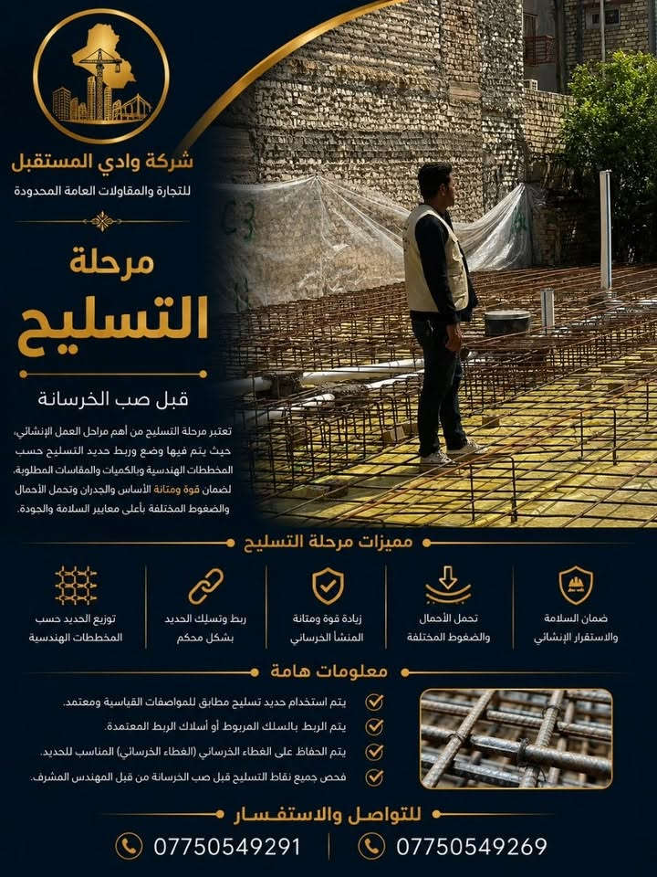 مراحل تنفيذ مشروع سكني في شارع فلسطين
في شركة وادي المستقبل للتجارة والمقاولات العامة المحدودة، نحرص على تنفيذ كل مرحلة بدقة وجودة عالية، ابتداءً من تجهيز الموقع وحتى إنجاز الأعمال الإنشائية.

📍 الموقع: شارع فلسطين

🔹 الحفر وتجهيز الموقع
🔹 تسوية التربة وإضافة الجلمود
🔹 رش المبيدات ومكافحة الأرضة
🔹 فرش النايلون العازل
🔹 تسليح الأساسات والميدات
🔹 صب الخرسانة وتنفيذ الأساسات

خبرة • إتقان • التزام
نبني اليوم.. لنرتقي غدًا.

📞 ***********
📞 ***********

