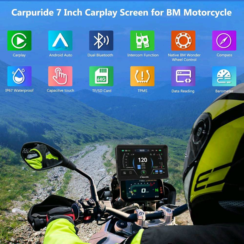 السعر 75 الف دينار 

🏍️ شاشة دراجات بي إم دبليو الذكية Carpuride 702BS (7 Inch Carplay Screen for BM Motorcycle)
شاشة ذكية متكاملة بحجم 7 بوصة مخصصة للدراجات النارية من فئة BMW، تمنحك تجربة قيادة متطورة مع دعم أنظمة Apple CarPlay وAndroid Auto والربط التلقائي بقاعدة الملاحة الأصلية للدراجة.
💡 مميزات وقوة المبيعات:
تتصل مباشرة بقاعدة ملاحة BMW الأصلية (Plug & Play) وتتيح التحكم الكامل عبر عجلة التحكم الأصلية (BM Wonder Wheel Control)، مع سطوع فائق يصل إلى 1000Nit للرؤية تحت أشعة الشمس المباشرة ومعيار مقاومة الماء والظروف الجوية IP67.
📌 أبرز الخصائص والمواصفات الفنية الشاملة:
🎯 الشاشة والعرض (High-Brightness Display):
 الحجم والوضوح: شاشة لمس IPS بحجم 7 بوصات بدقة HD (1024*600).
 السطوع وضد الخدش: سطوع عالي يصل إلى 1000Nit لضمان رؤية واضحة تحت الشمس، مع زجاج مقعر 2.5D مقاوم للخدش (Anti-Scratch).
 حساس الضوء (Light Sensor): ضبط تلقائي لسطوع الشاشة بين وضع النهار والليل لراحة العين أثناء القيادة.
🎯 أنظمة الاتصال والذكاء (CarPlay & Android Auto):
 دعم الأنظمة: دعم لاسلكي لنظامي Apple CarPlay وAndroid Auto لتشغيل الخرائط، الموسيقى، وإجراء المكالمات.
 التحكم الصوتي (Voice Controls): دعم كامل للتحكم الصوتي عبر Siri وGoogle Assistant للقيادة بأمان دون استخدام اليدين.
 البلوتوث المزدوج (Dual Bluetooth): ربط الهاتف بالشاشة ثم توصيل الخوذة أو سماعة البلوتوث (Single & Two-person Connection Modes) لمشاركة الصوت والمكالمات.
🎯 التوافق والتحكم الخاص بدراجات BMW:
 عجلة التحكم الأصلية (BM Wonder Wheel): إمكانية التصفح، تغيير الموسيقى، وقراءة بيانات الدراجة (السرعة، مستشعر ضغط الإطارات TPMS، السرعة الزاوية RPM، ومستوى الوقود) عبر عجلة الدراجة.
 الموديلات المتوافقة: تتوافق مع بيئة تركيب BMW الأصلية لكل من (BM R1200GS, BM R1250GS, BM R1300GS, BM S1000XR).
🎯 أدوات ومميزات إضافية:
 معيار المقاومة: مقاومة كاملة للماء والأتربة بمعيار IP67 Waterproof.
 مستشعرات مدمجة: تحتوي على بوصلة رقمية (Compass) ومقياس الضغط الجوي (Barometer).
 تشغيل الميديا المحلي: منفذ كارت ذاكرة TF/SD Card لتشغيل الفيديوهات والأغاني مباشرة.