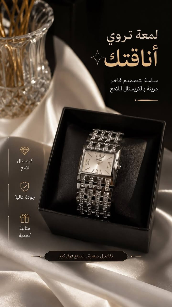 ✨ أناقة تلمع بكل تفاصيلها ✨
ساعة نسائية بتصميم راقي وتفاصيل مزينة بالكريستال 💎⌚
لمعة ناعمة، شكل أنيق، وتفصيل يخليها تكمل إطلالتچ بكل بساطة 🤍

🎁 اختيار مثالي كهدية أو لإضافة لمسة فخامة لإطلالتچ. وكل هذه ب15 ألف بس
📩 للحجز والاستفسار راسلونا خاص  على الرقم ***********
