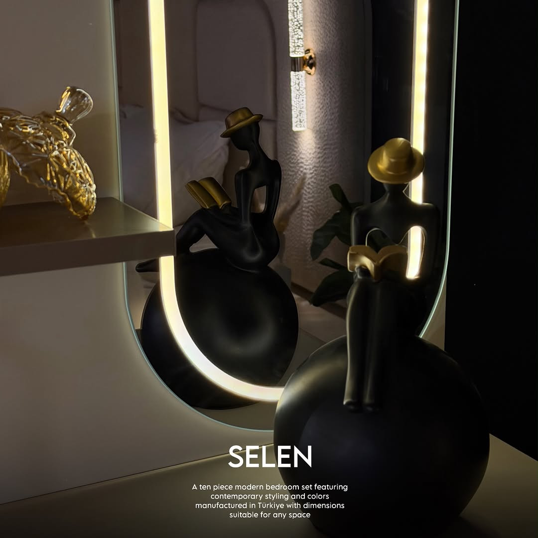

نص مكتوب في الصور:
- SELEN A ten piece modern bedroom set featuring contemporary styling and colors manufactured in Türkiye with dimensions suitable for any space
- SELEN
- A ten piece modern bedroom set featuring
- contemporary styling and colors
- manufactured in Türkiye with dimensions
- suitable for any space
- A ten piece modern bedroom set featuring contemporary styling and colors manufactured in Türkiye with dimensions suitable for any space