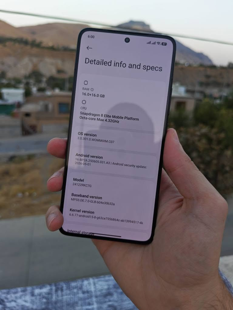 Poco F7 Ultra 

کامل ئەشیا 
بیعەیب بەزەمانی یەک هەفتە
نرخ:تەنها  ٦٣٥ هەزار 
💾 ڕام   16+16  
📟 زاکیرە    512گێگا                
⚙️ snapdragon8 Elite  +gaming chip بەڵای سەرعی      
🎮 بۆ هەموو یاریەک  120fps ئەدا بە 2k
📷 کامێرا   50mp 60x zoom  کامیرای زۆرجوان     
🔋 پاتری     5300 و   120وات
📲شاشە  2k      120hz    زۆر نایاب   

Tele : ***********  وەتسئەپ دخان, السليمانية

نص مكتوب في الصور:
- 6:00 Detailed info and specs RAM 16.0+16.0 GB CPU Snapdragon 8 Elite Mobile Platform Octa-core Max 4.32GHz OS version 3.0.301.0.WOMMIXM.C07 Android version 16 BP2A.250605.031.A3 | Android security update: 2026-05-01 Model 24122RKC7G Baseband version MPSS.DE.7.0-GLB-b04e30b32a Kernel version 6.6.77-android15-8-g63ce7556864c-ab13994517-4k Internal storage
- 5:59 Display resolution The system might close the apps running in the background while switching resolution FHD+ 2400×1080 (saves battery) WQHD+ 3200×1440 (adds clarity) Save battery with WQHD+ Switch resolution automatically to save power
- 5:59 88 Battery protection Battery info Battery health 98% Cycles 257 Manufacture date Jan 2025 First use Mar 2026 Charging protection Charge fully Battery protection To extend battery life, the device will stop charging when battery level reaches 80% and charge fully only when scheduled Intelligent charging To extend battery life span, the system will learn how you charge your device and stop charging when battery level reaches 80% in applicable situations