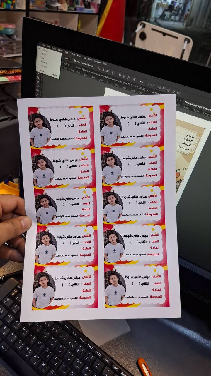 ميز طفلك وية مكتبة الرياضي 
تجهيز اطفالكم لاتحتارون خليه علينا واحنا نميز طلابكم بادق التفاصيل طبع لواصق الاسماء وصور الدفاتر بأسعار مناسبة 
للاستفسار ***********

نص مكتوب في الصور:
- الرياضيات
- 5 + 3 = 8
- 9 - 4 = 5
- 2 × 4 = 8
- 1
- 2
- 3
- 4
- 5
- جمع
- طرح
- ضرب
- قسمة
- الاسم: احمد محمد عباس
- الصف: الثاني (ب)
- المدرسة: النهرين الابتدائية المختلطة
- المادة: الرياضيات
- OCTONAUTS
- المادة: العلوم
- ENGLISH
- A B
- C
- READ
- WRITE
- SPEAK
- LISTEN
- Apple
- الإسم: احمد محمد عباس
- المادة: English
- التربية الإسلامية
- المادة: التربية الاسلامية