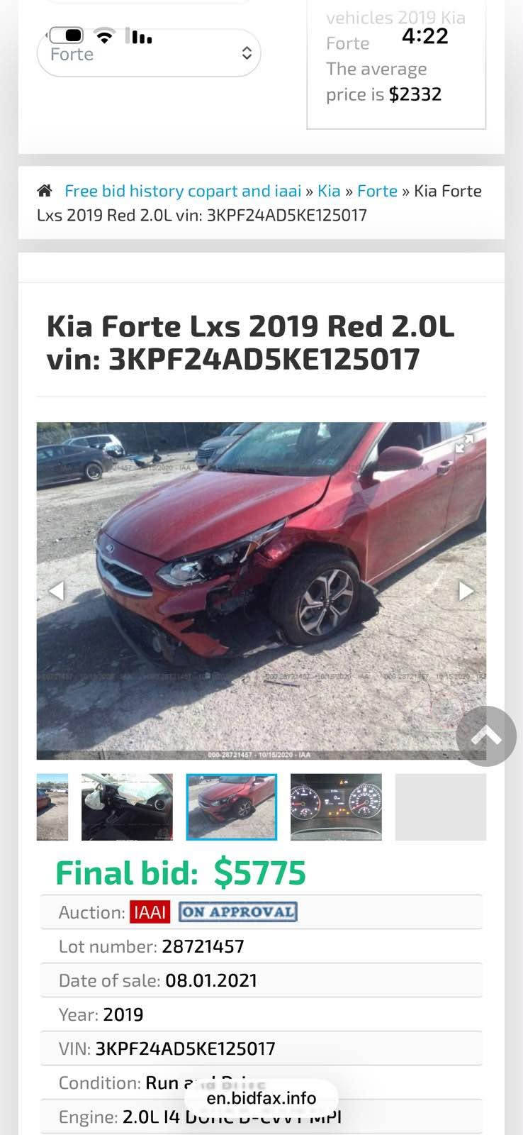 السلام عليكم 
للبيع فقط 
فورتي 2019
حادثها جاملغ وشويه من البنيد 
وبيها 3مكانات بارد 
ناشر صور حادثها 
المواصفات 
تحديد مسار 
رادار امامي جانبي 
كار بلي 
كأمره دوار 
العنوان زيونه 
موبايل *********** بغداد, العراق

نص مكتوب في الصور:
- vehicles 2019 Kia Forte 4:22 The average price is $2332 Free bid history copart and iaai » Kia » Forte » Kia Forte Lxs 2019 Red 2.0L vin: 3KPF24AD5KE125017 Kia Forte Lxs 2019 Red 2.0L vin: 3KPF24AD5KE125017 Final bid: $5775 Auction: IAAI ON APPROVAL Lot number: 28721457 Date of sale: 08.01.2021 Year: 2019 VIN: 3KPF24AD5KE125017 Condition: Run and Drive en.bidfax.info Engine: 2.0L I4 DOHC D-CVVT MPI
- Forte 4:22 The average price is $2332 Free bid history copart and iaai » Kia » Forte » Kia Forte Lxs 2019 Red 2.0L vin: 3KPF24AD5KE125017 Kia Forte Lxs 2019 Red 2.0L vin: 3KPF24AD5KE125017 Final bid: $5775 Auction: IAAI ON APPROVAL Lot number: 28721457 Date of sale: 08.01.2021 Year: 2019 VIN: 3KPF24AD5KE125017 Condition: Run and Drive en.bidfax.info Engine: 2.0L I4 DOHC D-CVVT MPI