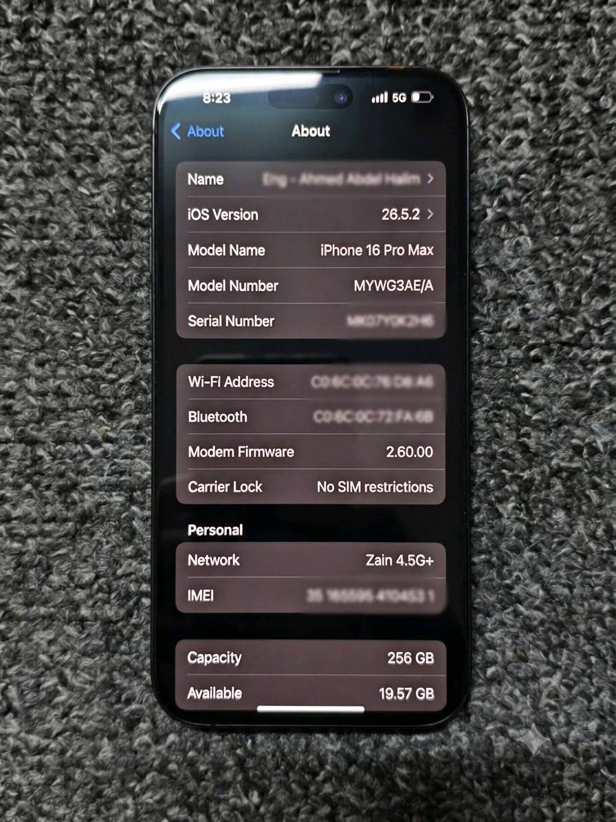 للبيع جهاز iPhone 16 Pro Max سعة 256GB ورام 8GB، باللون الرمادي التيتانيوم

-الملحقات: الكارتونة الأصلية + 8 أكفرة متنوعة.

-البطارية: 93% (عدد دورات الشحن 573).

-الحالة: ممتاز وبدون أي مشاكل فنية.

-الشبكة: مفتوح رسمي على جميع الشبكات (No SIM restrictions)

مدة الاستخدام الفعلية سنة و4 أشهر

ملاحظة: يوجد أثر كسر بحماية الشاشة الزجاجية بإحدى الزوايا، لم يتم فحص الشاشة الأصلية تحتها بشكل نهائي. الفحص متاح قبل الشراء، وأي عيب يظهر بالشاشة الأصلية بعد الفحص المباشر السعر قابل للتفاوض
تريد أضيف موقعك وين بالضبط حتى يكون واضح للمشتري؟: 
بغداد مدينة الصدر قطاع 43 
تحب أذكر السعر النهائي لو تفضّل السعر على التفاهم؟: 
مليون 300قفله
هل تريد أكتب بوضوح إن الفحص قبل الشراء متاح وأن البيع بدون استرجاع بعد المعاينة؟: 
نعم 
بالنسبة للملحقات، الأكوفر الـ8 كلها أصلية/جديدة لو مستخدمة؟: 
مستخدمات بس نظيفات 