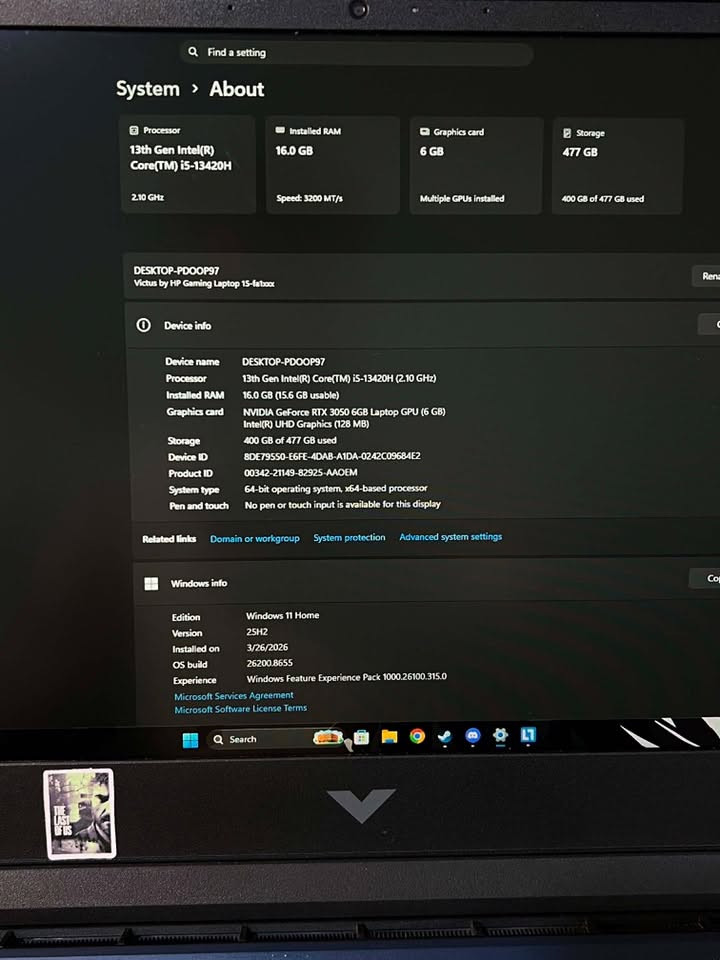 لابتوب Hp victus جيل13
15-13420H 2.10GHZ : معالج 
رامات : 16Gb
Nvidia RTX 3050 6Gb : الكرت
التخزين : M.2 512Gb
كيبورد ضوئي 
FHD 144hz الشاشه
شاحنته الاصليه
850 الف
شراي اتصل
***********

