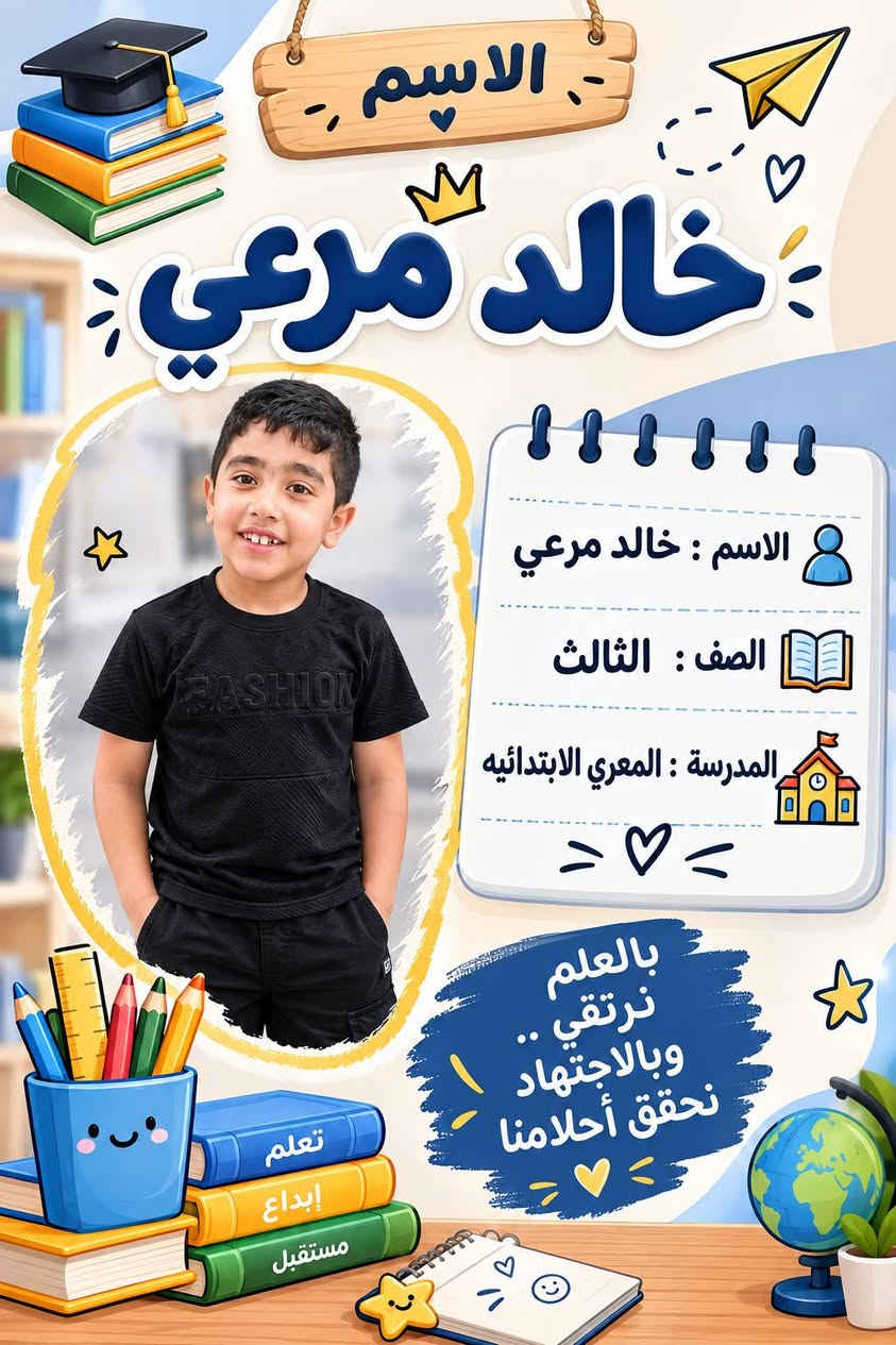 ملصقات الكتب والدفاتر جميع المواد 
تضمن نقطة الكراس 
و تفرح الاولاد 
متوفرة حسب الطلب ***********
تواصلواومعنا من أجل الطلب 
لا تترددوا في الطلب 
توصيل متوفر 🌸

نص مكتوب في الصور:
- رياضيات 2+2=4 3x5=15 6÷2=3 a b بالعلم نرتقي .. وبالاجتهاد نحقق أحلامنا الاسم : ملاك محمد علاء المادة : رياضيات المدرسة : المعرى الابتدائيه بالعلم .. نصنع مستقبلا أجمل a2+b2=c2
- الاسم : خالد مرعي
- الصف : الثالث
- المدرسة : المعري الابتدائية
- بالعلم نرتقي .. وبالاجتهاد نحقق أحلامنا
- طالبة متميزة في رحلة العلم نحقق أحلامنا الاسم هبة مرعي المدرسة مدرسة المعري الابتدائيه الصف الخامس بالعلم .. نبني مستقبلنا
- دفتر قواعد اللغة العربية بالعلم نرتقي .. وبالاجتهاد نحقق أحلامنا الاسم : ماريا محمد علاء الصف : السادس المدرسة : طليطلة للبنات بالعلم .. نصنع مستقبلاً أجمل
- دفتر القراءة القراءة تفتح لنا أبواباً جديدة من المعرفة الاسم : ملاك محمد علاء المادة : القراءة المدرسة : طليطله بالعلم .. نصنع مستقبلاً أجمل
- الاسم:
- حسين عبد الجبار
- المدرسة:
- ماجد الكرخي
- الصف:
- الأول ابتدائي
- Scanned with CamScanner