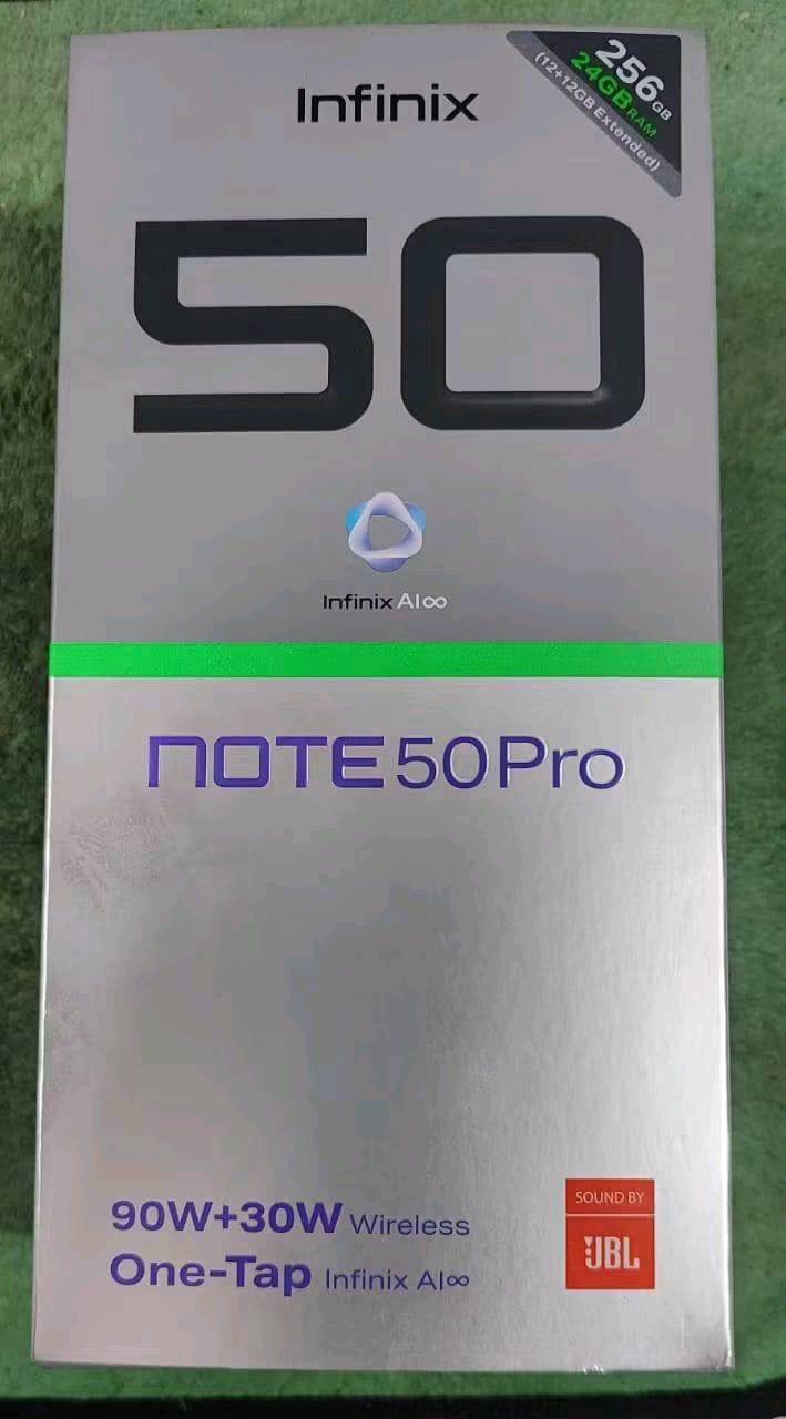 انفينيكس نوت 50 برو 

*الشاشة:*
- نوع الشاشة: AMOLED
- حجم الشاشة: 6.78 بوصة
- دقة الشاشة: 1080x2436 بكسل
- معدل التحديث: 144 هرتز
- السطوع: 1300 شمعة

*المعالج:*
- نوع المعالج: Mediatek Helio G100 Ultimate
- عدد الأنوية: 8
- تردد المعالج: 2.2 GHz و 2.0 GHz
- معالج الرسوميات: Mali-G57 MC2

*الذاكرة:*
- الذاكرة العشوائية:12GB
- الذاكرة الداخلية: 256GB

*الكاميرا:*
- الكاميرا الخلفية: 50 ميجا بكسل + 8 ميجا بكسل
- الكاميرا الأمامية: 32 ميجا بكسل

*البطارية:*
- السعة: 5200 مللي أمبير
- الشحن السريع: 90 واط
- الشحن اللاسلكي: 30 واط

- مستشعر بصمة الإصبع تحت الشاشة
- مقاوم للغبار ورزاز المياه بتقييم IP64
- نظام التشغيل: Android 16