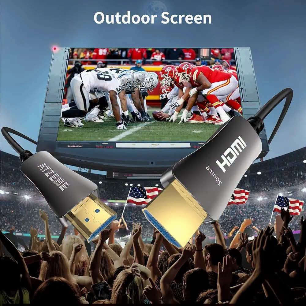 كابل HDMI 2.0 من الألياف الضوئية يدعم دقة 4K بمعدل 60 هرتز، وتقنية 3D، ودقة Full HD، وتقنية ARC، وتقنية CEC، وتقنية HEC، بطول 30 مترًا.

السعر ٢٠

نص مكتوب في الصور:
- HDMI 2.0 CABLE-HIGH COMPATIBILITY PLUG AND PLAY Backward compatible with HDMI 2.0/1.4: Works with all standard HDMI interfaces. No device upgrade worries! Display Monitor HDTV/TV Projector Sound Bar PS4/PS5 XBOX Series Blu-Ray Player Laptop Desktop SOURCE
- Advanced Fiber Optic Technology Chips Featuring version 2.0 chips for faster speeds, better efficiency, and superior reliability.
- FIBER Anti-interference Low Latency Longer transmission distance Firmer and lighter COPPER Susceptible to interference Severe delay Short transmission Heavy and stiff
- Outdoor Screen
- Versatile Wiring Scenarios Ideal for various applications, ensuring easy and efficient installation Projection Offices Professional Audio-Visual Industry Games Mall HDTV LCD Video Walls Cinema Cabling Multi-Screen Linkage Security Monitoring Home Improvement Pre-Wiring
- 4K Ultra HD 4K FULLHD 4K HDR HDR DOLBY DOLBY Lightning Protection 4K ULTRAHD 1080 P 720 P