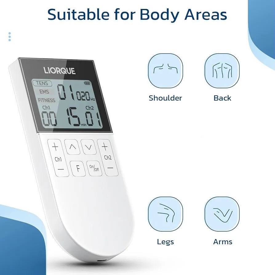 #محفز عضلات
#السعر 9 الاف

نص مكتوب في الصور:
- TENS+EMS+FITNESS 3 IN 1
- Independent Dual Channel
- 50 Massage Modes
- 16 Levels of Intensity
- Extra-long Use Time
- Timer Function
- Clear screen, easy to operate 3 Selectable Modes Channel 1 Intensity Program Adjust Intensity Adjust + Intensity Adjust - Mode Switch /Timer Switch (Long press) Current Program Quantity of Electric Frequency Channel 2 Intensity Timer ON/OFF
- Package Contents
- 10 x Electrode Pads (50*50mm)
- 1 x TENS Massage Device
- 1 x Micro USB Cable
- 2 x Lead Wire
- 1 x Storage Case
- 1 x User Manual
- Ultra-long battery life 250mAh Rechargeable Battery 2 Hours Charging Time 12 Days Using Time (30 Minutes per day)
- More Than 100 Times Reusable Non-woven Fabric Conductive Layer Terminals Conductive Carbon Film High Quality Gel
- Suitable for Body Areas Shoulder Back Legs Arms