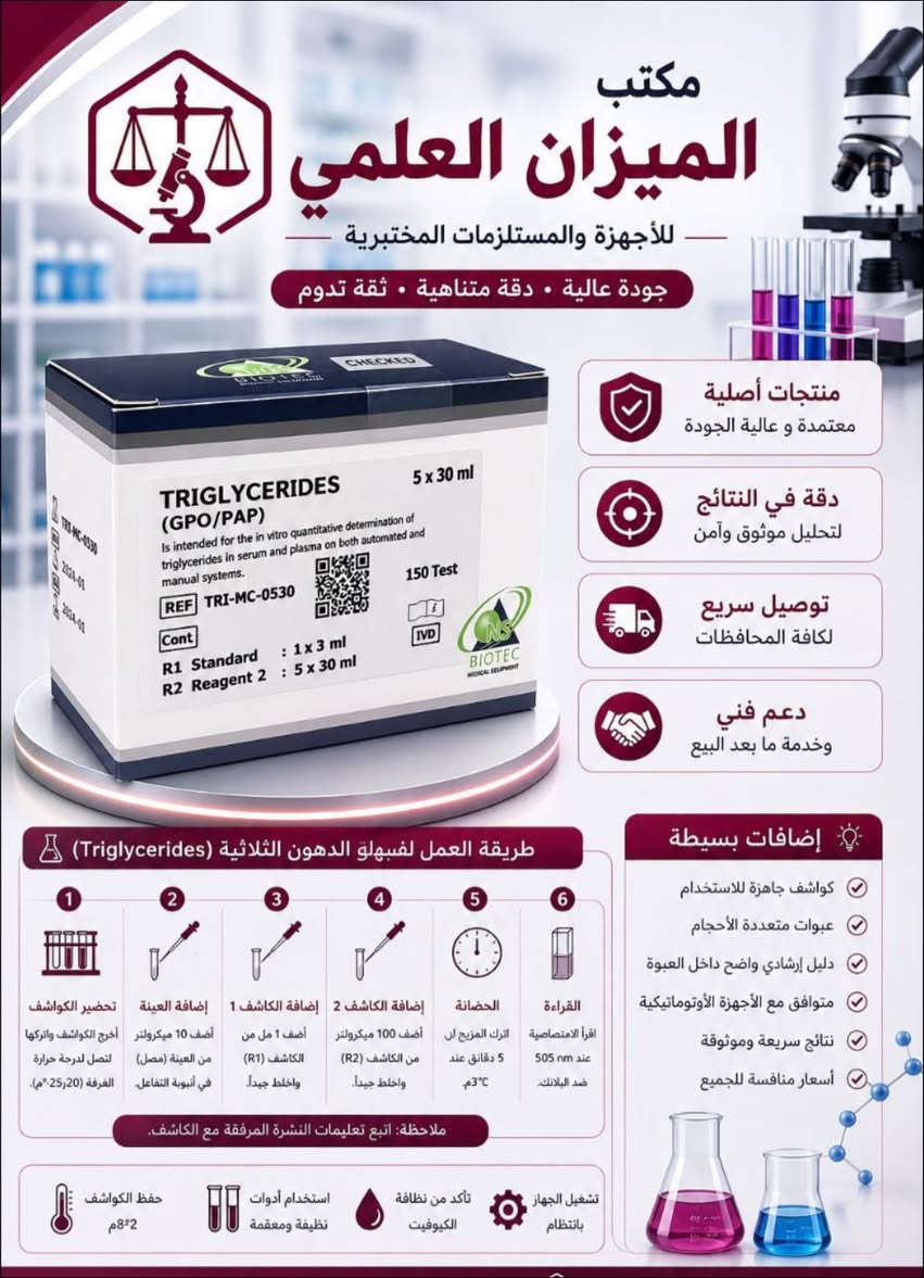 توفر لدى مكتب الميزان العلمي لمواد و المستلزمات المختبرية ⚖️💙
لأصحاب المختبرات …
  كتات ال بايو كمستري من شركه Biotec 
توفر بعرض خاصص و ذهبي 🌝
و السعر مناسب جدا ❤️ ✨
Triglycerides ✨
Cholesterol ✨
HDL ✨
Crp ✨
Rf ✨
Urea✨
Creatinine ✨
Uric acid ✨
Albumin ✨
Glucose ✨
Zinc ✨
Potassium ✨
Calcium ✨
Magnesium ✨

مقيم من وزارة الصحه ✅
ثباتيه عاليه ✅
يحتوي على test اكثر ✅
اسعار مناسبة ✅

لطلب و الاستفسار 
📞 : ***********
عنوان / بغداد - باب المعظم - قرب مستشفى المختار ✨ عرض أقل

نص مكتوب في الصور:
- مكتب الميزان العلمي للأجهزة والمستلزمات المختبرية جودة • دقة • ثقة منتجات أصلية معتمدة وعالية الجودة دقة في النتائج لتشخيص أكثر موثوقية تجهيز سريع وتوصيل إلى جميع المحافظات دعم فني وخدمة ما بعد البيع مع الميزان العلمي نرتقي بمختبرك إلى أعلى معايير الجودة مواد استهلاكية للمختبرات مستلزمات تجريبية أجهزة مختبرية حديثة كواشف ومحاليل مختبرية نوفر لكم مكتب الميزان العلمي شريكك في التميز والدقة استشارات فنية مجانية أسعار تنافسية تناسب الجميع منتجات عالمية مختارة بعناية CAT NO : URI-MC-0530 Uric Acid 5 x 30 ml (Uri case-PAP) Colorometric R2 Buffer/Enzyme reagent 5X30 ml Standard 6 mg/dl 1X5 ml R1 NS BIOTEC MEDICAL EQUIPMENT
- مكتب الميزان العلمي للأجهزة والمستلزمات المختبرية جودة عالية . دقة متناهية . ثقة تدوم منتجات أصلية معتمدة وعالية الجودة دقة في النتائج لتحليل موثوق وآمن توصيل سريع لكافة المحافظات دعم فني وخدمة ما بعد البيع إضافات بسيطة كواشف جاهزة للاستخدام عبوات متعددة الأحجام دليل استخدام واضح داخل العبوة دعم فني سريع أسعار مناسبة وجودة مضمونة طريقة العمل السهولة (GLucose (GOD-PAP 1 تحضير الكواشف أخرج الكواشف واتركها لتصل لدرجة حرارة الغرفة (20-25م). 2 إضافة العينة أضف 10 ميكرولتر من العينة (مصل أو بلازما أو دم كامل). 3 إضافة الكاشف أضف 1 مل من كاشف العمل (R1) واخلط جيدًا. 4 الحضانة اترك المزيج لمدة 10 دقائق عند 37م أو حرارة الغرفة. 5 القراءة اقرأ الامتصاصية عند 505 nm ضد البلانك. حفظ الكواشف 8م استخدام أدوات نظيفة ومعقمة تأكد من نظافة الكوفيت تشغيل الجهاز بانتظام
- مكتب الميزان العلمي للأجهزة والمستلزمات المختبرية جودة • دقة • ثقة منتجات أصلية معتمدة وعالية الجودة دقة في النتائج لتحليل موثوق وآمن توصيل سريع لكافة المحافظات دعم فني وخدمة ما بعد البيع طريقة عمل سهلة ضع في كيفوفيت 10 ميكرولتر من العينة (Serum أو Plasma) أضف 1 مل من الكاشف R1 (Cholesterol Reagent) اخلط جيداً واتركه 5 دقائق عند 37°C اقرأ الامتصاص عند طول موجي 500 nm احسب النتيجة باستخدام الستاندارد مع الميزان العلمي تحصل على أفضل أداء بأدق النتائج إضافات بسيطة لنتائج أدق حفظ الكواشف 2-8°C استخدم أدوات معايرة دقيقة تأكد من نظافة الكيوفيت شغل الكونترول بانتظام
- مكتب الميزان العلمي للأجهزة والمستلزمات المختبرية جودة عالية . دقة متناهية . ثقة تدوم منتجات أصلية معتمدة و عالية الجودة دقة في النتائج لتحليل موثوق وآمن توصيل سريع لكافة المحافظات دعم فني وخدمة ما بعد البيع طريقة العمل لفبهولو الدهون الثلاثية (Triglycerides) 1 تحضير الكواشف أخرج الكواشف واتركها لتصل لدرجة حرارة الغرفة (20-25م). 2 إضافة العينة أضف 10 ميكرولتر من العينة (مصل) في أنبوبة التفاعل. 3 إضافة الكواشف 1 أضف 1 مل من الكاشف (R1) واخلط جيداً. 4 إضافة الكاشف 2 أضف 100 ميكرولتر من الكاشف (R2) واخلط جيداً. 5 الحضانة اترك المزيج لن 5 دقائق عند 37م. 6 القراءة أقرأ الامتصاصية عند 505 nm ضد البلاتك. ملاحظة: اتبع تعليمات النشرة المرفقة مع الكاشف. إضافات بسيطة كواشف جاهزة للاستخدام عبوات متعددة الأحجام دليل إرشادي واضح داخل العبوة متوافق مع الأجهزة الأوتوماتيكية نتائج سريعة وموثوقة أسعار منافسة للجميع تشغيل الجهاز بانتظام تأكد من نظافة الكيوفيت استخدام أدوات نظيفة ومعقمة حفظ الكواشف 2م-8م
- مكتب الميزان العلمي للأجهزة والمستلزمات المختبرية جودة عالية • دقة متناهية • ثقة تدوم منتجات أصلية معتمدة و عالية الجودة دقة في النتائج لتحليل موثوق وآمن توصيل سريع لكافة المحافظات دعم فني وخدمة ما بعد البيع طريقة العمل السهلة UREA (UREASE) تحضير الكواشف أخرج الكواشف واتركها لتصل لدرجة حرارة الغرفة (20-25°م). إضافة العينة أضف 10 ميكرولتر من العينة (مصل أو بلازما أو بول) في الأنبوب. إضافة الكاشف أضف 100 ميكرولتر من الكاشف R1 (Urea Standard) التحضير اترك المزيج 5 دقائق عند 37° م. القراءة اقرأ الامتصاصية عنه 540 عند ضد البلانك. حساب النتائج يتم الحساب تلقائياً بواسطة الجهاز وإظهار التركيز بوحدة mg/dl. ملاحظة: اتبع تعليمات النشرة المرفقة مع الكاشف. تشغيل الجهاز بانتظام تأكد من نظافة الكوفيت استخدام أدوات نظيفة ومعقمة حفظ الكواشف 8°-م إضافات بسيطة كواشف عالية الاستقرار عبوات محكمة وسهلة الاستخدام دليل إرشادي واضح داخل العبوة متوافق مع الأجهزة الأتوماتيكية نتائج سريعة وموثوقة