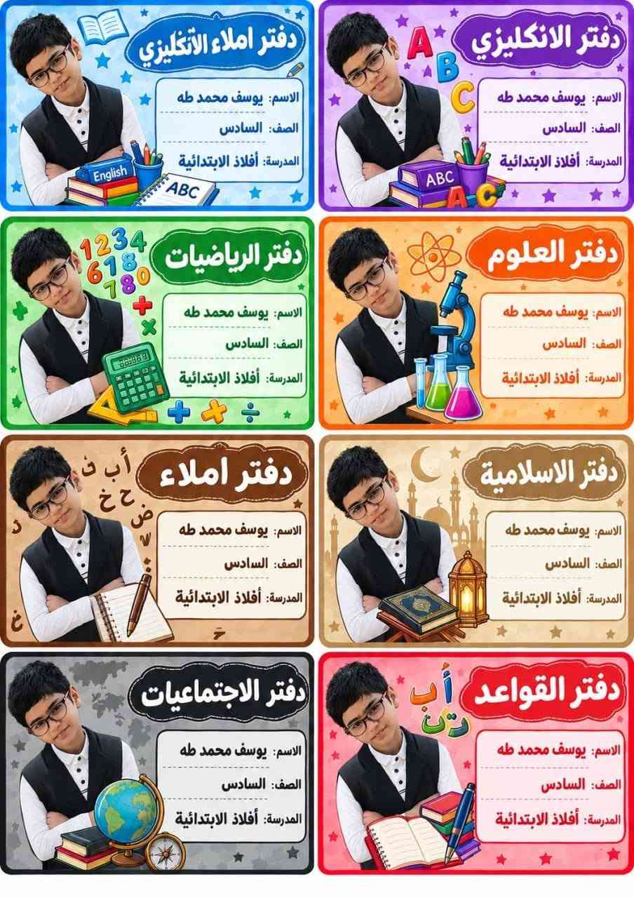 طلبات الزبائن الحلوين بالتوفيق والنجاح الدائم اطفالنا الحلوين 🥰🥰🥰🥰سعر الطبقة بالف( 1000 ) فقط بمناسبة العام الدراسي لواصق كتب والدفاتر صورة الطالب اسم الطالب واسم الماده والصف بسعر تنافسي يوجد توصيل  للحجز تواصل ع رقم//*********** إتصال او واتساب📚❤️ ملاحظة توصيل مجاناً تكريت_الفرسان_ حماد شهاب _المحزم_الصقور

نص مكتوب في الصور:
- دفتر القراءة
- الاسم : فهد ناظم محمود
- الصف : روضة
- المدرسة : روضة البنفسج
- دفتر الانكليزي
- ABC
- دفتر الرياضيات
- 123
- دفتر العلوم
- أ ب ت
- دفتر الاملاء
- دفتر الاسلامية
- دفتر الرسم
- دفتر املاء الانكليزي
- القراءة الاسم: سيرين محمد طه الصف: الثالث المدرسة: أفلاذ الابتدائية الانكليزي الاسم: سيرين محمد طه الصف: الثالث المدرسة: أفلاذ الابتدائية الرياضيات الاسم: سيرين محمد طه الصف: الثالث المدرسة: أفلاذ الابتدائية العلوم الاسم: سيرين محمد طه الصف: الثالث المدرسة: أفلاذ الابتدائية الاخلاقية الاسم: سيرين محمد طه الصف: الثالث المدرسة: أفلاذ الابتدائية الاسلامية الاسم: سيرين محمد طه الصف: الثالث المدرسة: أفلاذ الابتدائية نشاط الرياضيات الاسم: سيرين محمد طه الصف: الثالث المدرسة: أفلاذ الابتدائية نشاط الانكليزي الاسم: سيرين محمد طه الصف: الثالث المدرسة: أفلاذ الابتدائية
- القراءة
- الاسم: نادين مهند احمد
- الصف: الثالث
- المدرسة:
- الانكليزي
- الرياضيات
- العلوم
- الاخلاقية
- الاسلامية
- نشاط الرياضيات
- نشاط الانكليزي
- الاسم: لانا محمد احمد
- المدرسة: الفارعة الابتدائية
- دفتر املاء الانكليزي الاسم: يوسف محمد طه الصف: السادس المدرسة: أفلاذ الابتدائية دفتر الانكليزي الاسم: يوسف محمد طه الصف: السادس المدرسة: أفلاذ الابتدائية دفتر الرياضيات الاسم: يوسف محمد طه الصف: السادس المدرسة: أفلاذ الابتدائية دفتر العلوم الاسم: يوسف محمد طه الصف: السادس المدرسة: أفلاذ الابتدائية دفتر املاء الاسم: يوسف محمد طه الصف: السادس المدرسة: أفلاذ الابتدائية دفتر الاسلامية الاسم: يوسف محمد طه الصف: السادس المدرسة: أفلاذ الابتدائية دفتر الاجتماعيات الاسم: يوسف محمد طه الصف: السادس المدرسة: أفلاذ الابتدائية دفتر القواعد الاسم: يوسف محمد طه الصف: السادس المدرسة: أفلاذ الابتدائية
- الاسم: يوسف محمد طه
- الصف: السادس
- المدرسة: أفلاذ الابتدائية
- الاجتماعيات
- قواعد