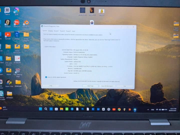 لابتوب للبيع Dell Latitude 5521 - شاشة لمس  - Core i7 جيل 11 
 شاشة 15.6 بوصة تدعم اللمس
 (CPU): Intel Core i7-11850H (معالج فئة H - 16 ثريد / ثماني النواة).
(RAM): 16GB RAM DDR4 

(SSD): M.2 NVMe SSD 256GB

(GPU): Intel UHD Graphics (  8GB   RAM).

السعر ٧٥٠ الف 
واتساب او اتصال ***********

نص مكتوب في الصور:
- DirectX Diagnostic Tool System Display Sound 1 Sound 2 Sound 3 Input This tool reports detailed information about the DirectX components and drivers installed on your system. If you know which area is causing the problem, click the appropriate tab above. Otherwise, you can use the "Next Page" button below to visit each page in sequence. System Information Current Date/Time: 08 August 2026, 15:56:38 Computer Name: DESKTOP-MMGDEV3 Operating System: Windows 11 Pro 64-bit (10.0, Build 26200) Language: English (Regional Setting: English) System Manufacturer: Dell Inc. System Model: Inspiron 3511 BIOS: 1.41.0 Processor: 11th Gen Intel(R) Core(TM) i7-1165G7 @ 2.80GHz (8 CPUs), ~2.8GHz Memory: 16384MB RAM Page File: 8353MB used, 22207MB available DirectX Version: DirectX 12 Check for WHQL digital signatures Help Save Page Save All Information Exit
- DirectX Diagnostic Tool System Display Sound 1 Sound 2 Input This tool reports detailed information about the DirectX components and drivers installed in your system. If you know which area is causing the problem, click the appropriate tab above. Otherwise, you can use the "Next Page" button below to visit each page in sequence. System Information Current Date/Time: 08 August 2024, 19:54:38 Computer Name: DESKTOP-MHOED3E Operating System: Windows 11 Pro 64-bit (10.0, Build 26200) Language: English (Regional Setting: English) System Manufacturer: Dell Inc. System Model: Latitude 5521 BIOS: 1.43.0 Processor: 11th Gen Intel(R) Core(TM) i7-11850H @ 2.50GHz (16 CPUs), ~2.6GHz Memory: 16384MB RAM Page File: 6515MB used, 2298MB available DirectX Version: 12 Check for WHQL digital signatures DiagLog 10.00.26100.6972 64-bit Unicode Copyright © Microsoft. All rights reserved. Help Next Page Save All Information Exit