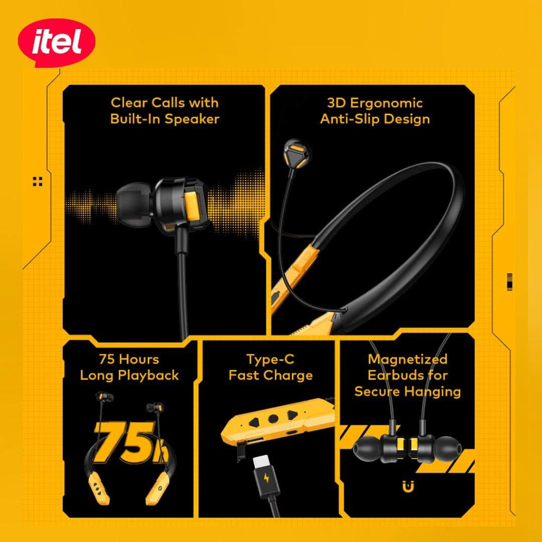 ⚡️ سماعة الرقبة itel Wireless N500 – بطارية خيالية تدوم 75 ساعة!
🚀 المميزات والمواصفات:

🔹 بطارية جبارة (75 ساعة): استمتع بوقت تشغيل خيالي يصل إلى 75 ساعة متواصلة من الاستماع والمكالمات، مما يغنيك عن الشحن المتكرر لأيام طويلة.

🔹 مكالمات فائقة الوضوح: تضمن لك صوتاً نقياً وصافياً أثناء المكالمات الهاتفية بفضل تقنية الصوت المدمجة (Clear Calls with Speaker).

🔹 تصميم مريح ومرن: طوق الرقبة مصمم بمرونة عالية (Flexible and Comfortable-Fit) ليناسب شكل الرقبة ويوفر راحة تامة عند ارتدائه طوال اليوم.

🔹 ثبات عالي ومضاد للانزلاق: تتميز بتصميم مانع للانزلاق (Anti-Slip Design) يحافظ على ثبات السماعة أثناء المشي أو الحركة.

🔹 ضمان حقيقي: تأتي مع ضمان رسمي لمدة 12 شهراً مدعوم من خدمة Carlcare، مما يضمن لك جودة وعمر المنتج.

🔹 شكل عصري وأنيق: تصميم مميز باللونين الأسود والأصفر يضفي لمسة رياضية وعصرية تناسب مختلف الأذواق.

اقم *********** 
📦 السعر: 15 الف !
