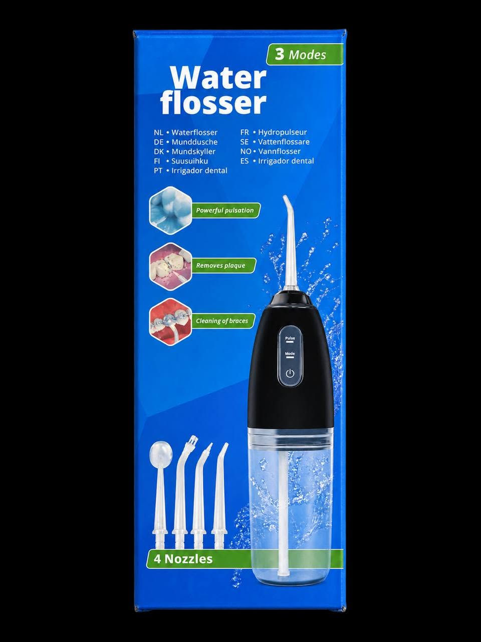 جهاز الخيط المائي (Water Flosser) — اللون الأسود
​تنظيف فعال: يزيل بقايا الطعام والبلاك بنبضات مائية قوية، ومثالي لتنظيف التقويم والأماكن الضيقة.
​خيارات متعددة: 3 أوضاع للتنظيف و4 رؤوس مختلفة ملحقة.
​تصميم عملي: خزان سعة 230 مل، ومقاوم للماء بتصنيف IPX6.
​سهولة الاستخدام: قابل لإعادة الشحن عبر كيبل USB وحجم مدمج يناسب الاستخدام المنزلي والسفر

السعر 20 الف دينار
