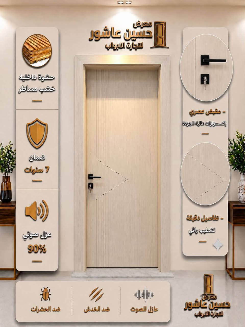 ✨ حسين عاشور— معرض الأول بالمواعيد والالتزام ✨
🚪 أبواب داخلية موديلات عصرية وجودة عالية
✅ ضمان 7 سنوات على الأبواب
✅ عازل للصوت 
✅ ضد الخدش
✅ ضد الرطوبة
🔐 كيلون ضمان 7 سنوات 
📞للاستفسار
***********
***********
📍زورونا في موقعنا : بغداد ــ التاجي ــ سبع البور

