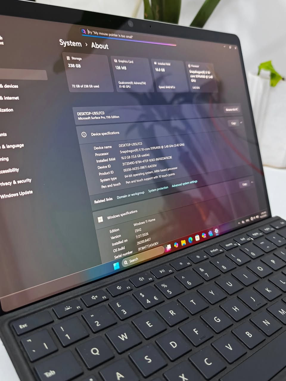 🌟 للبيع: أحدث جيل من سيرفس برو - Microsoft Surface Pro 11 (Copilot+ PC)

*اللون رصاصي
* المعالج: Qualcomm Snapdragon X Plus بـ 10 أنوية، مع وحدة NPU للذكاء الاصطناعي (أداء فائق وسرعة استجابة).
* الذاكرة (RAM): سعة 16GB LPDDR5x لأداء سلس في تعدد المهام.
* التخزين: 256GB SSD (فائق السرعة وقابل للإزالة/التطوير).
* الشاشة: شاشة لمس PixelSense Flow مقاس 13 بوصة، دقة 2.8K (2880x1920)، بمعدل تحديث 120Hz لتجربة بصرية فائقة السلاسة.
* البطارية: عمر بطارية استثنائي يصل إلى 14-15 ساعة من الاستخدام المتواصل.
* الكاميرا: كاميرا أمامية بدقة 1440p (Quad HD) وكاميرا خلفية 10MP تدعم تصوير 4K.
* الاتصال: يدعم أحدث تقنيات Wi-Fi 7 ومنفذي USB-C (USB4).
* نظام التشغيل: Windows 11 Pro الأصلي.
* خاصية Face-ID 
* الحالة : نظيف جدا بدون بوكس
* البطارية 🔋: مشحون 77 مرات

السعر : 
1- الجهاز فقط 1،300،000 مع حافظه UAG اصليه
2- مع كيبورد اصلي 1،450،000 مع حافظه UAG اصليه
3- مع كيبورد و قلم اصليات 1،525،000 مع حافظه UAG اصليه

* ضمان اسبوعين

للتواصل والاستفسار: ***********

https://t.me/epic_store2
------------------------------
ملاحظة للمشتري: الجهاز مثالي للمهندسين، المبرمجين، والطلاب، خاصة مع سهولة فكه وتطوير قرص التخزين فيه.

نص مكتوب في الصور:
- Try "My mouse pointer is too small"
- System > About
- Storage 238 GB
- 72 GB of 238 GB used
- Graphics Card 128 MB
- Qualcomm(R) Adreno(TM)
- X1-85 GPU
- Installed RAM 16.0 GB
- Speed: 8448 MT/s
- Processor
- Snapdragon(R) X 10-core X1P64100 @ 3.40 GHz (3.42 GHz)
- 3.42 GHz
- DESKTOP-U95LFC0
- Microsoft Surface Pro, 11th Edition
- Device specifications
- Device name DESKTOP-U95LFC0
- Processor Snapdragon(R) X 10-core X1P64100 @ 3.40 GHz (3.42 GHz)
- Installed RAM 16.0 GB (15.6 GB usable)
- Device ID 3172049D-B784-47DF-B365-B6F6EDAF6C8E
- Product ID 00356-06315-09871-AAOEM
- System type 64-bit operating system, ARM-based processor
- Pen and touch Pen and touch support with 10 touch points
- Related links Domain or workgroup System protection Advanced system settings
- Windows specifications
- Edition Windows 11 Home
- Version 25H2
- Installed on 7/27/2026
- OS build 26200.8457
- Serial number OF384TT24343KV
- Q Search
- attery report
- COMPUTER NAME DESKTOP-U95LFC0
- SYSTEM PRODUCT NAME Microsoft Corporation Microsoft Surface Pro, 11th Edition
- BIOS 175.222.235 02/23/2026
- OS BUILD 26100.1.arm64fre.ge_release.240331-1435
- PLATFORM ROLE Slate
- CONNECTED STANDBY Supported
- REPORT TIME 2026-08-13 03:54:16
- Installed batteries
- Information about each currently installed battery
- BATTERY 1
- NAME SurfaceBattery
- MANUFACTURER SWD
- SERIAL NUMBER 0231314429
- CHEMISTRY LION
- DESIGN CAPACITY 46,530 mWh
- FULL CHARGE CAPACITY 42,890 mWh
- CYCLE COUNT 77
- Recent usage
- Power states over the last 7 days