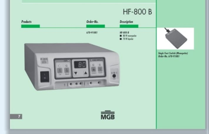 #Radio_wave_electrosurgical 
متوفر حاليا كمية محدودة 
بأفضل الأسعار، 
جهاز التخثير الجراحي الكهربائي بموجة الراديو من HF-800 B

جهاز الكوتري الألماني  MGB🇩🇪
للعيادات والمستشفيات 
80w

(bipolar ) and (monopolar ) 
الملحقات 
فوت سويج 
كيبل ارض. إيرث
قلم مونوبولار استخدام واحد

الوصف

 التخثير الجراحي الكهربائي بموجة الراديو من HF-800 B، MGB

زيادة تردد العمل - التعامل الدقيق مع الأقمشة: قسم تجميلي، الحد الأدنى من النخر الإقليمي على المستوى المجهري. النطاقات: التجميل، جراحة العيادات الخارجية، أمراض النساء، التنظير الداخلي لجراحة LOR
MGB
ألمانيا

• قوة الجهاز: 80 وات.
• ضبط دقيق للجهاز مع خطوة تعزيز الطاقة إلى 1 وات.
• إمكانية الاتصال المتزامن لأداتين : حامل أقطاب كهربائية أحادية القطب وملاقط ثنائية القطب.
• إمكانية تفعيل الأوضاع الأحادية القطب: من خلال الدواسة أو عن طريق الأزرار الموجودة على مقبض حامل الأقطاب الكهربائية أحادية القطب.
• التحكم الآلي في الاتصال بالقطب المحايد (نظام الوقاية من الحروق).

أوضاع التشغيل
• القطع النقي أحادي القطب
• القطع المختلط أحادي القطب
• التخثر بالتلامس أحادي القطب
• التخثر ثنائي القطب
الحالة: جديد
http://wa.me/9647740935631  التواصل واتساب
***********
***********

#asunm_medical
