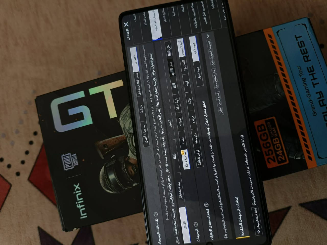 وحش الالعاب Infinix GT 20 Pro
وحده التركيز8200 معالج 24 12 + 12
كاميرا الخلفيه 108 
كاميرا الاماميه 32
بطاريه 5000
شاشه 144 هيرتز
ذاكره 256 
جهاز شرط نظيف مقابيل العين اغراضه كلها كامله سماعات كرتونه شاحنه ما بي اي نقص فقط اللي موضح بالصوره تواصل رقم واتساب ***********

نص مكتوب في الصور:
- الإعدادات الحساب عناصر التحكم الرسومات الجرافيكية مفاتيح التحكم الحساسية الالتقاط نقطة التصويب والمؤثرات الصوت ورد فعل اللمس الإشعارات X مخصص معدل إطارات أفضل متوازنة رسومات أفضل (مخصصة: اضبط التفضيلات يدويًا. لكن انتبه، فقد يؤدي تعيين قيم عالية لجميع الإعدادات إلى مشكلات في الأداء، مثل ارتفاع درجة الحرارة أو معدل الإطارات: مرتفع الرسومات: عالية الدقة Hub معدل الإطارات: إكستريم+ الرسومات: سلسة ساحة الانتظار معدل الإط HUB المنزل سلسة سلسة فائقة متوازنة عالية الدقة HDR فائق HDR عالي HDR ألترا إكستريم إكستريم+ قوية فائقة مرتفع متوسطة توفير الطاقة ضبط ذكي ضبط يدو تعديل مفضّل لمعدّل الإطارات (يجب خفضه إن ارتفعت حرارة الجهاز أو الرسومات التكيفية: تفعيل توفير الطاقة: تفعيل تنعيم الحواف: تعطيل (إعادة التعيين لاستعادة إعدادات