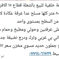 نص قطعة خلفية للبيع بالشعلة قطاع ١٥ الافرع المقابل للملعب  ٨٠ متر كلها...
