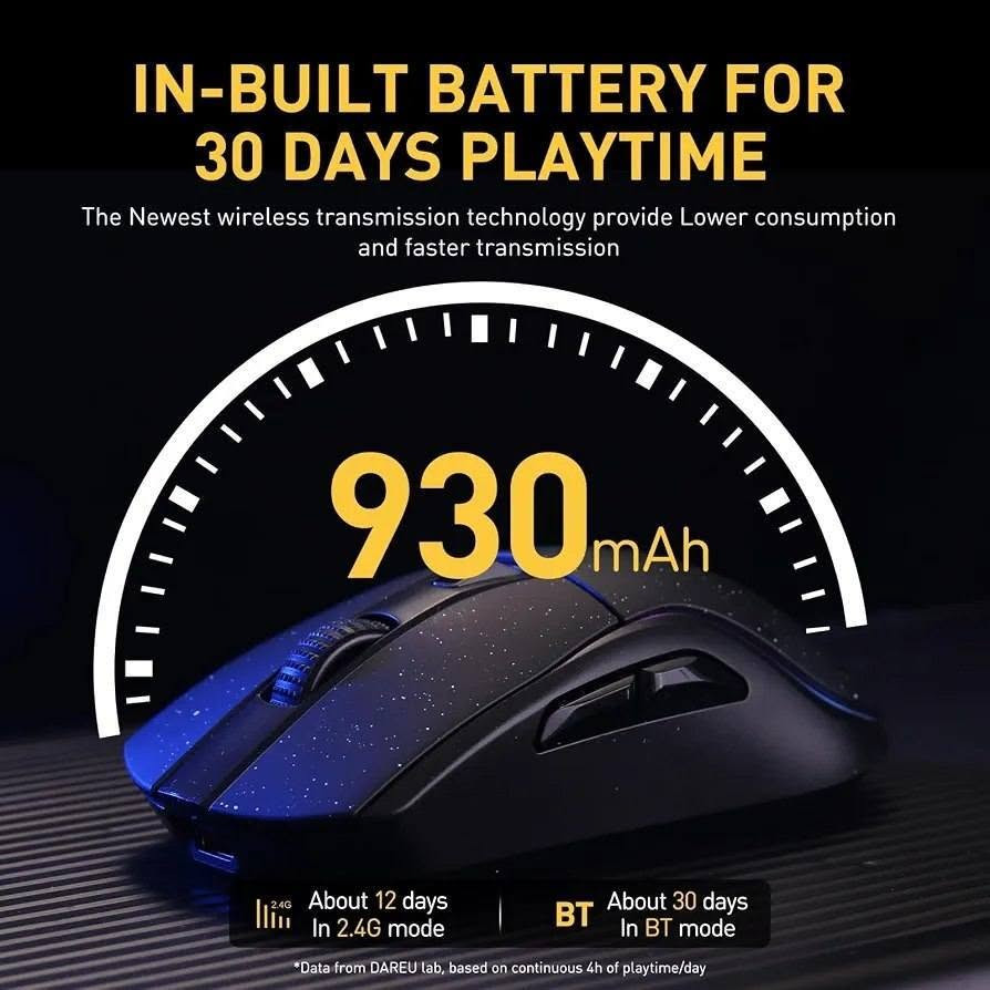 🖱️ ماوس الألعاب الاحترافي DAREU A950 Starry (Triple Mode Wireless Gaming Mouse) – الخيار الخارق للقيمرز مع قاعدة شحن RGB مغناطيسية!
🚀 المميزات والمواصفات التفصيلية الشاملة:

🔹 ثلاث طرق للتوصيل (3-in-1 Connection):
لاسلكي 2.4GHz: اتصال فائق السرعة وبدون أي تأخير (Zero Lag) مخصص لألعاب الـ FPS والتنافس العالي.
بلوتوث (Bluetooth 5.0): لربط سريع وسهل مع أجهزة اللابتوب، الأيباد، والهواتف الذكية بدون الحاجة لدونجل.
سلكي (Type-C): كابل مرن وشديد التحمل للشحن والاستخدام المباشر بنفس الوقت.

🔹 قاعدة شحن مغناطيسية متطورة (RGB Charging Dock):
شاحن مغناطيسي أنيق وسهل الاستخدام تثبت عليه الماوس بضغطة واحدة.
مزود بمؤثرات إضاءة RGB مميزة تضفي لمسة جمالية فخمة على السيت أب.
يحتوي على منفذ مخصص لتركيب مستقبل الـ 2.4G بالقرب من الماوس لضمان أفضل قوة إشارة.

🔹 حساس ألعاب استثنائي (AIM-WL Gaming Sensor):
دقة استشعار تتراوح من 400 وتصل حتى 12,000 DPI لحركة خاطفة ودقيقة.
سرعة تتبع تصل إلى 300 IPS وتسارع 35G لضمان دقة التنشين والاستجابة اللحظية.
استهلاك طاقة منخفض جداً (2.3mA) يوفر أقصى أداء مع الحفاظ على البطارية.

🔹 تقنية KBS II وسويتشات معمرة:
مفاتيح مجهزة بتقنية (Key Balance System II) لضمان ضغط متوازن وبدون أي مسافة هدر (0 Button Idling).
مفاتيح ميكانيكية معمرة بعمر افتراضي ضخم يصل إلى 50 مليون نقرة.

🔹 بطارية ضخمة وعمر تشغيل طويل:
بطارية ليثيوم مدمجة بسعة 930mAh.
تدوم حتى 12 يوماً متواصلاً في وضع الـ 2.4G اللاسلكي.
تدوم حتى 30 يوماً متواصلاً في وضع البلوتوث.

🔹 تصميم ارگونومي وخفيف الوزن (88g Lightweight):
وزن مثالي وموزع بدقة (88 غرام فقط) لتقليل إجهاد معصم اليد أثناء ساعات اللعب الطويلة.
سطح معالج بملمس ناعم ومقاوم للانزلاق والبصمات (Starry Black Design) يمنحك ثباتاً تاماً أثناء التحريك السريع.

🔹 شريط إضاءة ديناميكي (RGB Lighting): إضاءة RGB جانبية قابلة للتخصيص وتتفاعل مع وضع التشغيل ومستوى البطارية.

🔹 توافق شامل ومباشر: يدعم العمل بسلاسة عبر جميع الأنظمة (Windows XP / 7 / 8 / 10 / 11, Mac OS, Android, iOS).

🔹 محتويات العبوة: ماوس DAREU A950 + قاعدة الشحن المغناطيسية RGB + دونجل 2.4G + كابل Type-C + دليل المستخدم.

اقم *********** 
📦 السعر: 35 الف فقط
🖱️ ماوس الألعاب الاحترافي DAREU A950 Starry (Triple Mode Wireless Gaming Mouse) – الخيار الخارق للقيمرز مع قاعدة شحن RGB مغناطيسية!
