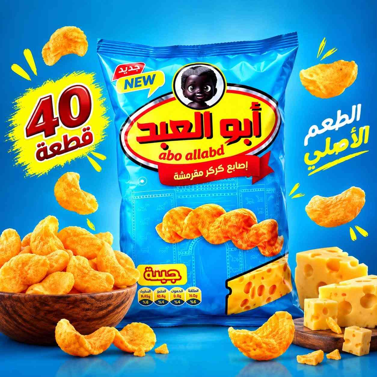شيبس أبو العبد بكافة النكهات(14) نكهة مختلفة 
العدد : 40 قطعة داخل الكارتون
للطلب والتواصل :
*********** اتصال 
*********** واتساب

نص مكتوب في الصور:
- NEW جديد 40 قطعة الطعم الأصلي أبو العبد abo allabd بالنكهة الخاصة Special Flavor Stix أصابع مقرمشة Calories 169 8% Sugar 0.3g <1% Fat 10.0g 14% Saturates 0.8g 4% Salt 0.45g 9% Typical values per 100g: energy 2030 kJ / 488 kcal
- جديد NEW 40 قطعة الطعم الأصلي جبنة Calories 165 8% Sugar 0.3g <1% Fat 10.0g 14% Saturates 0.8g 4% Salt 0.45g 9%
- جديد NEW 40 قطعة الطعم الأصلي أبو العبد abo allabd بطعم الباربيكيو BBQ Calories 165 Sugar 0.3g Fat 10.0g Saturates 0.8g Salt 0.45g %6 %1 %14 %4 %8 قدي شرشفي تيفيمي صتشمعت وكيق فم تصير تسيبيرآ Typical values per 100g energy 2030 kJ / 486 kcal
- جديد NEW 40 قطعة الطعم الأصلي
- جديد NEW 40 قطعة أبو العبد abo allabd إطابع كركر مقرمشة الطعم الأصلي جبنة