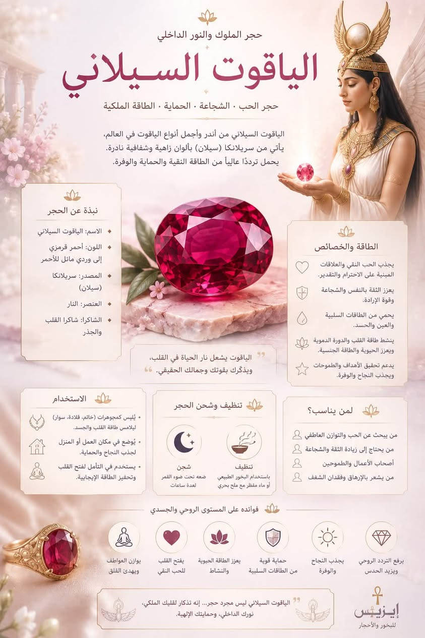 قطع مميزة وطاقة عالية فقط لدينا للحجز خاص او واتساب ***********

نص مكتوب في الصور:
- جمال البحر في تفاصيلك لؤلؤ .. مرجان .. رموز بحرية اللؤلؤ رمز النقاء والجمال الداخلي يهدئ القلب، ويعزز الأنوثة، ويجذب الطاقة الإيجابية والفرص الجميلة. المرجان يحمل طاقة الحماية ويمنح القوة والثبات، ويدعم الشجاعة والوفرة، ويُوازن طاقة الجسد. الرموز البحرية حصان البحر رمز الحماية والتجدد. نجم البحر يرمز إلى الحظ وتحقق الأمنيات، وفواقع البحر تجلب السلام والانسجام في حياتك. قطعة من البحر .. تحمل لك جمال الطبيعة وقوتها
- حجر الملوك والنور الداخلي الياقوت السيلاني حجر الحب - الشجاعة - الحماية - الطاقة الملكية الياقوت السيلاني من أندر وأجمل أنواع الياقوت في العالم، يأتي من سريلانكا (سيلان) بألوان زاهية وشفافية نادرة. يحمل ترددًا عاليًا من الطاقة النقية والحماية والوفرة. نبذة عن الحجر الاسم: الياقوت السيلاني اللون: أحمر قرمزي إلى وردي مائل للأحمر المصدر: سريلانكا (سيلان) العنصر: النار الشاكرا: شاكرا القلب والجذر الطاقة والخصائص يجذب الحب النقي والعلاقات المبنية على الاحترام والتقدير. يعزز الثقة بالنفس والشجاعة وقوة الإرادة. يحمي من الطاقات السلبية والعين والحسد. ينشط طاقة القلب والدورة الدموية ويعزز الحيوية والطاقة الجنسية. يدعم تحقيق الأهداف والطموحات ويجذب النجاح والوفرة. الياقوت يشعل نار الحياة في القلب، ويذكرك بقوتك وجمالك الحقيقي. الاستخدام يلبس كمجوهرات (خاتم، قلادة، سوار) ليلامس طاقة القلب والجسد. يوضع في مكان العمل أو المنزل لجذب النجاح والحماية. يستخدم في التأمل لفتح القلب وتحفيز الطاقة الإيجابية. تنظيف وشحن الحجر تنظيف باستخدام البخور الطبيعي أو ماء مقطر مع ملح بحري شحن ضعه تحت ضوء القمر لعدة ساعات لمن يناسب؟ من يبحث عن الحب والتوازن العاطفي من يحتاج إلى زيادة الثقة والشجاعة أصحاب الأعمال والطموحين من يشعر بالإرهاق وفقدان الشغف فوائده على المستوى الروحي والجسدي يرفع التردد الروحي ويزيد الحدس يجذب النجاح والوفرة حماية قوية من الطاقات السلبية يعزز الطاقة الحيوية والنشاط يفتح القلب للحب النقي يوازن العواطف ويهدئ القلق الياقوت السيلاني ليس مجرد حجر... إنه تذكار لقلبك الملكي، نورك الداخلي، وحمايتك الإلهية. إيزيس للبخور والأحجار
- سوار عودة المودة
- جسر من الحب .. يعود بالقلب إلى قلبك
- لماذا سوار عودة المودة ؟
- هذا السوار ضمَم بطاقة الحب والرحمة،
- ليكون مساعداً قوياً في ترميم العلاقات الزوجية
- وفتح باب التواصل من جديد، وإعادة المودة
- والاحترام والتفاهم بين القلبين.
- قوة الاحجار الثلاثة في إعادة المودة
- حجر القمر
- حجر الحدس والحب الإلهي
- • يعزز الطاقة الأنثوية والجاذبية العاطفية
- • يهدئ المشاعر ويزيل التوتر والبرود العاطفي
- • يساعد على تقوية الحدس وفهم الطرف الآخر
- طاقة أنثوية ناعمة ..
- تذيب الجفاء وتُعيد دفء القلوب.
- كيف يعمل سوار عودة المودة ؟
- حجر الروز (الكوارتر الوردي)
- حجر الحب غير المشروط
- • يفتح قلبك للحب والتسامح والحنان
- • يذيب الجروح القديمة ويبدلها بمشاعر نقية
- • يعزز المحبة ويعيد الدفء والانسجام للعلاقة
- حجر السوداليت
- حجر التواصل والانسجام
- • يساعد على التعبير الصادق والحوار الهادي.
- • يوازن المشاعر ويقلل من العناد وسوء الفهم.
- • يعزز الثقة والوفاء في العلاقة الزوجية
- • يفتح قلبك لاستقبال طاقة الحب
- والغفران والتسامح.
- • يرفع التردد العاطفي ويزيل الحواجز
- بينكما.
- يعيد التواصل بطرق ناعمة وروحانية.
- يدعم نية العودة ويقوي العلاقة
- يوماً بعد يوم.
- طريقة الاستخدام
- ارتديه على اليد اليسرى (يد القلب).
- ركزي على نيتك بعودة المودة والانسجام.
- يفضل الاقتران بالدعاء والاستغفار.
- أشحتي السوار بدخان الورد أو القمر
- وضوء القمر كل ليلة.
- الحب لا يزور القلوب الصادقة أبداً ..
- إنما يعود بشكل أجمل حين تزرع نيتك في طاقة النور.
- حب | تسامح | تفاهم | عودة
- إزيس
- طاقة النور بين يديك
- إيزيس
- للخور والأحجار
- تألّقي بنور لا يخفت
- تراقي فضة ناعمة بحجر الموزانيت الفاخر
- موزنايت راقي بألوان فاتحة
- بريق يفوق الألماس... ونقاء ببهر العين
- لمعان استثنائي
- تألق يخطف الأنظار من أول لمسة
- صفاء ونقاء عالي
- حجر شفاف فائق النقاء يدوم جمالة
- طاقة إيجابية
- الموزذنيت يعزز الصفاء الذهني
- ويجذب الطاقة الإيجابية والحب النقي
- صلابة تدوم
- يقاوم الخدش ويحافظ علي بريقه
- لأعوام طويلة
- السعر
- 25,000
- دينار
- تغليف فاخر
- يصل إليك بأناقة
- فضة أصلية
- عيار عالي الجودة
- موزنايت
- أعلى جودة
- كوني نوراً أينما كنت