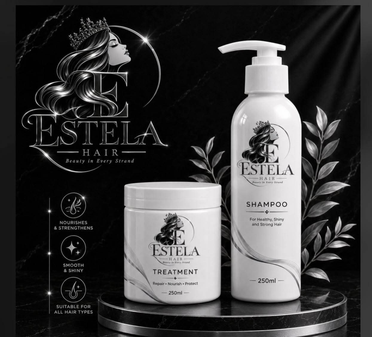 ESTELLA — عناية تليق بجمال شعرك ✨
شعرك يستحق أكثر من مجرد عناية…
يستحق تجربة مختلفة مع ESTELLA 🤍

🖤 شامبو ESTELLA
✨ تنظيف وعناية تمنح الشعر مظهراً أكثر حيوية وانتعاشاً.

🤍 Treatment ESTELLA
عناية مركزة تساعد على منح الشعر مظهراً أكثر نعومة وترطيباً ولمعاناً.

✨ سيرومات ESTELLA
لمسة نهائية تمنح شعرك مظهراً أكثر أناقة ولمعاناً.

لأن الشعر الجميل يبدأ من العناية الصحيحة…
اختاري ESTELLA، واكتشفي الفرق.

📩 للطلب والاستفسار: راسلينا على الخاص لو***********
🚚 التوصيل متوفر

ESTELLA — Your Hair, Your Beauty.

نص مكتوب في الصور:
- ESTELA HAIR Beauty in Every Strand NOURISHES & STRENGTHENS SMOOTH & SHINY SUITABLE FOR ALL HAIR TYPES ESTELA HAIR Beauty in Every Strand TREATMENT Repair Nourish Protect 250ml ESTELA HAIR Beauty in Every Strand SHAMPOO For Healthy, Shiny and Strong Hair 250ml