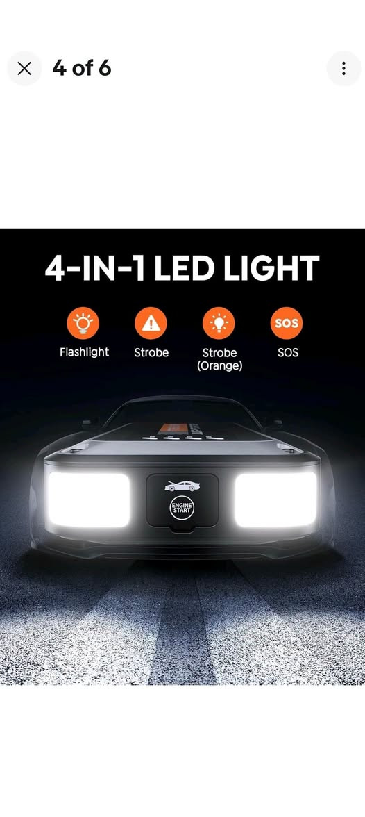 جطل للحالات طارئه سفري ويشحن موبايلك فووول اول تم 75الف

نص مكتوب في الصور:
- SPACE-SAVING & LIGHTWEIGHT 0.8 lbs Hassle-free Boarding
- Smart Prompts, Quick Identification
- INSTANT CAR STARTUP 3500A PEAK 8.0L GAS 6.5L DIESEL
- PORTABLE POWER BANK 16800mAh
- 4 of 6 4-IN-1 LED LIGHT Flashlight Strobe Strobe (Orange) SOS
- 1 of 6