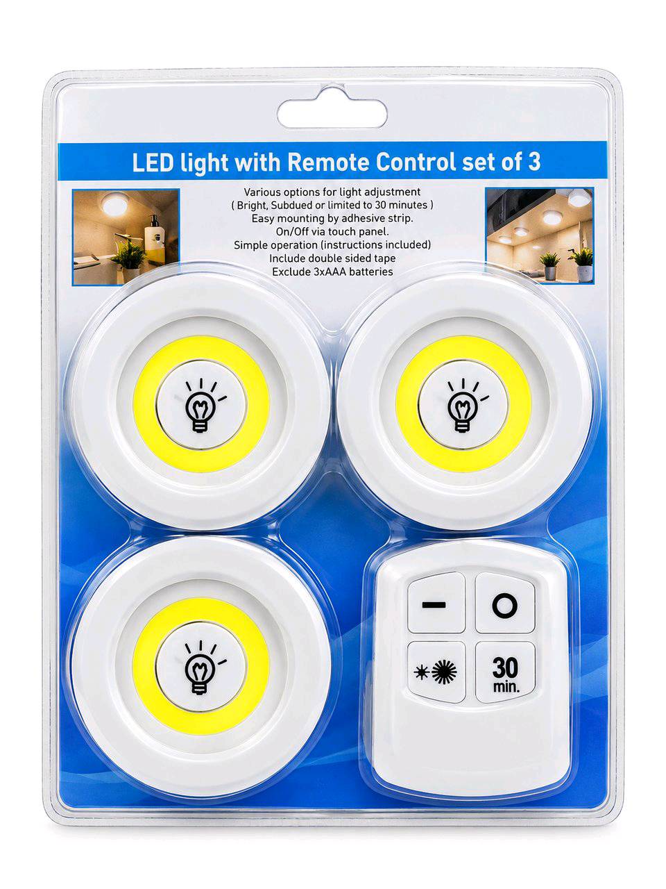 مميزات المنتج:

• 3 قطع إضاءة LED حتى توزعها بأكثر من مكان.

• ريموت كنترول للتحكم بالإضاءة عن بُعد.

• إمكانية تعديل مستوى الإضاءة حسب حاجتك.

• مؤقت 30 دقيقة للإطفاء التلقائي.

• تشغيل وإطفاء عن طريق اللمس.

• تركيب سهل باستخدام اللاصق المزدوج.

• تعمل بالبطاريات، بدون الحاجة إلى أسلاك كهربائية.

• مناسبة للخزائن، المطبخ، غرف النوم والأماكن اللي تحتاج إضاءة إضافية.

محتويات الطقم:
3 إضاءات LED
ريموت كنترول
لاصق مزدوج للتثبيت 
للحجز و التواصل ع واتساب 
***********
