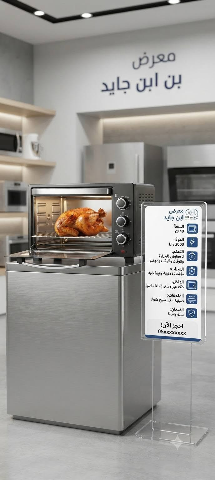 هناك لمسة فريدة يجب اضافته لكل منزل                           معرض ابن جايد للأجهزة الكهربائية والعاب الاطفال 
النجف الاشرف مزارع اليرموك مقابل مول بوابة الغدير 
الهاتف ***********

نص مكتوب في الصور:
- newal أداء فائق وجودة تدوم 5 YEARS WARRANTY معرّض ابن جايد Ibn Jayed Showroom أربعة شعلات غاز عالية الكفاءة فرن واسع مع ميزة الشواية صمام أمان كامل إشعال ذاتي غطاء زجاجي علوي مقوى كفاءة طاقة عالية متوفر حصرياً في معرض ابن جايد
- مواصفات المنتج - موديل 90 Fresh Delux 90 سم - فرن وغاز شعلات 5 - شواية دوارة داخلية - إشعال ذاتي - مؤقت رقمي - أمان كامل - إضاءة فرن داخلية - ضمان لمدة سنتين
- حصرياً لدى معرض ابن جايد
- Newal Prime Clean Prime Clean
- VAC-5000-03
- • السعة : 21 لتر
- • الطاقة: 1800 واط
- • وظيفة النفخ: نعم
- • طول الكابل : 4 أمتار
- • قوة شفط عالية: نعم
- معرض ابن جايد يقدم OK Silver Crest مفرمة اللحم الكهربائية الموديل: OK-20 السعة: 2 لتر (مستخلص من (ويوتن) المحرك: محرك نحاسي قوي بقدرة 650 650 (مستخلص من (جيونمن) التحكم: نظام تحكم بسرعتين (مستخلص من (يستخلص) الوعاء: وعاء من الفولاذ المقاوم للصدأ الشفرات: شفرات مزدوجة من الفولاذ المقاوم للصدأ للصدأ لتقطيع فعال الملحقات: تتضمن غطاءً شفافًا وقاعدةً غير غير قابلة للانزلاق Ibn Jayed Showroom الجودة بين يديك
- معرض ابن جايد يقدم تلفاز فورس 32 بوصة QLED الموديل: QFC-32 حجم الشاشة: 32 بوصة نوع الشاشة: QLED الدقة: الدقة: HD Ready (1366 x 768) اللوحة: A+ Grade for Grade Superior Clarity معالچ صور رباعي النواة المعالج: (Quad-Core Processor) 32" الميزات الذكية: Android OS مع تطبيقات مدمجة، Netflix (Netflix, YouTube, etc.) منافذ التوصيل: 2x HDMI, 2x USB Earphone jack الصوت: نظام صوت محيطي بقوة AV بقوة 2x10W التصميم: تصميم نحيف وأنيق فئة الطاقة: كفاءة عالية معرض ابن جايد Ibn Jayed Showroom
- معرض ابن جايد
- مرتبة هوائية قابلة للنفخ
- المميزات:
- - سطح مخملي ناعم ومريح
- - تصميم داخلي متين بتقنية كويل
- - صمام سريع للنفخ والتفريغ
- - سهولة الطي والتخزين
- - مناسبة للاستخدام الداخلي والخارجي
- المواصفات:
- - الأبعاد: [مثلاً: 191 × 99 × 25 سم]
- - المادة: بولي فينيل كلوريد متين
- - اللون: أزرق داكن
- معرض ابن ابن جايد
- السعة:
- 40 لتر
- القوة:
- 2000 واط
- التحكم:
- 3 مفارض للحرارة
- والوقت والوضع
- الميزات:
- مؤقت 60 دقيقة، وللمان شواء
- الداخل:
- طلاء غير لاصق، إضاءة داخلية
- الملحقات:
- صينية، رف، سيخ شواء
- الضمان:
- سنة واحدة
- احجز الآن!
- 05xxxxxxxx
- النوع:
- مكواة بخار عمودية
- الموديل:
- E-1213
- سعة الخزان:
- 2500 مل
- وقت التسخين:
- سريع
- ميزات:
- تمدد
- فيزيء:
- تحكم بالبخار، رأس
- رأس فرشاة
- سنتين
- اطلب الآن! متوفر حصرياً في معرض ابن جايد
- 036959347 ibnJayedgallery