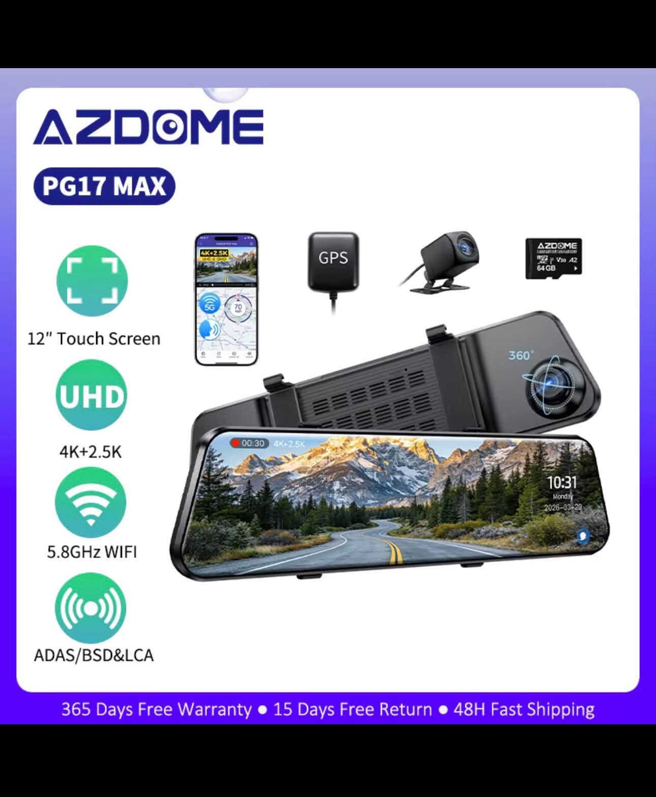 كاميرا مرآة السيارة AZDOME PG17 MAX بدقة 4K مع نظام ADAS وBSD وLCA، كاميرا خلفية للسيارة مع واي فاي 5.8 جيجا، رؤية ليلية فائقة، GPS، تحكم صوتي، شاشة 12 بوصة ***********بغداد يوجد خدمه توصيل

نص مكتوب في الصور:
- Built-in GPS & Route Tracking Accurately records driving routes, locations, and speed data directly on the video Current Altitude 105.7m Total Altitude 37.0m 35.595583 82.487984 50mph 70 mph AZDOME PG17 Max 2024/11/15 11:29:10 AM
- Advanced Driver Assistance System (ADAS)
- Enhance safety with real-time alerts to prevent accidents
- 63ft
- 15ft
- AZDOME
- Forward Collision Warning
- Lane Departure Warning
- Pedestrian Collision Warning
- Front Vehicle Start Warning
- Close Distance Warning
- Blind Spot Detection (BSD) & Lane Change Assist (LCA)
- Monitor blind spots, issue timely alerts for approaching vehicles
- Rear Collision Warning
- Lane Change Assist
- 5.8GHz WiFi & App Control
- Enjoy swift and seamless file transfer with ultra-fast
- wireless connection
- GET IT ON
- Google Play
- Download on the
- App Store
- 4X Faster Transfer Speed
- AZDOME 5.8GHz WiFi 8MB/s
- Other WiFi 6 6MB/s
- Other 2.4GHz WiFi 4MB/s
- Note: Please keep dashcam and your phone within 10ft.
- AZDOME PG17 MAX 12" Touch Screen UHD 4K+2.5K 5.8GHz WIFI ADAS/BSD&LCA 365 Days Free Warranty • 15 Days Free Return • 48H Fast Shipping