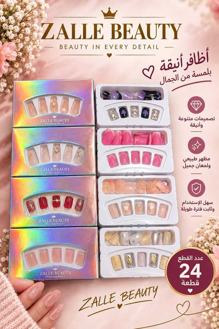 💅✨ وصلت أظافر جديدة إلى زيلا بيوتي ✨💅
بنات، دلّلن نفسكن بأظافر حلوة وأنيقة وبعروض ولا أروع 😍❤️
🎀 السيت الواحد يحتوي على 24 قطعة بسعر 3 آلاف دينار فقط
🎀 سيتين بسعر 5 آلاف دينار فقط 🔥
🚚 متوفر توصيل بسماية 
💌 للحجز والاستفسار مراسلة على الخاص
ZELLA BEAUTY 🤍 جمالك يبدأ من هنا

نص مكتوب في الصور:
- ZALLE BEAUTY BEAUTY IN EVERY DETAIL أظافر أنيقة بلمسة من الجمال تصميمات متنوعة وأنيقة مظهر طبيعي ولمعان جميل سهل الإستخدام وثابت فترة طويلة عدد القطع 24 قطعة ZALLE BEAUTY