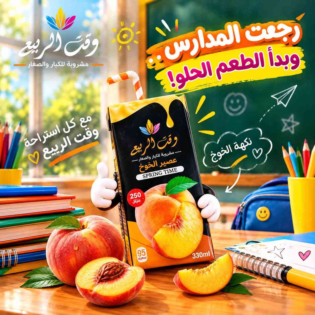 رجعت المدرسة 😍……ورجع الطعم الحلو 🔥🔥🔥
مع كل استراحة عصير وقت الربيع موجود ✨
للطلب والتجهيز :
_***********
_***********

نص مكتوب في الصور:
- وقت الربيع مشروبة للكبار والصغار رجعت المدرسة... وبدأ الطعم الحلو! مع كل استراحة وقت الربيع
- وقت الربيع مشروبة للكبار والصغار رجعت المدارس.. وبدأ الطعم الحلو! مع كل استراحة وقت الربيع ♡ نكهة العنب
- وقت الربيع مشروبة للكبار والصغار رجعت المدارس وابدأ الطعم الحلو مع كل استراحة وقت الربيع نكهة الخوخ 250 ميلل 95 سعرة 330ml عصير الخوخ SPRING TIME
- وقت الربيع مشروبة للكبار والصغار رجعت المدارس .. وبدأ الطعم الحلو! مع كل استراحة وقت الربيع
- وقت الربيع مشروبة للكبار والصغار رجعت المدرسة... ورجعت النكهة ! رفيقكم بكل استراحة