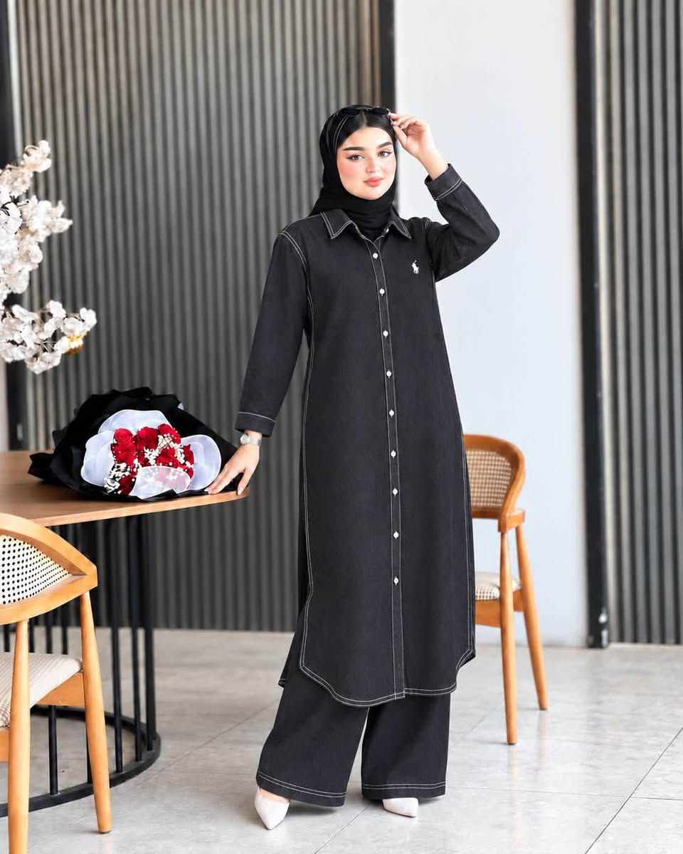 طقم نسائي جينز • مقاسات ٣٨-٤٨ • طول القميص ١٢٠