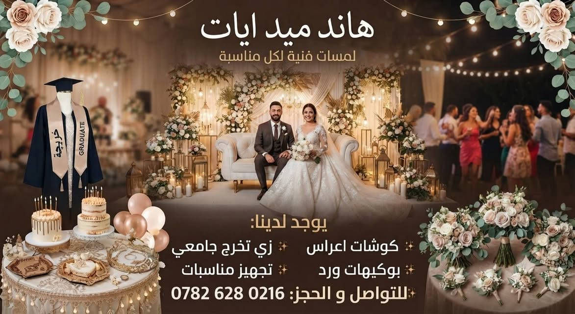 لا توجد تفاصيل

نص مكتوب في الصور:
- هاند ميد ايات لمسات فنية لكل مناسبة يوجد لدينا: كوشات اعراس زي تخرج جامعي بوكيهات ورد تجهيز مناسبات للتواصل و الحجز: 0216 628 0782