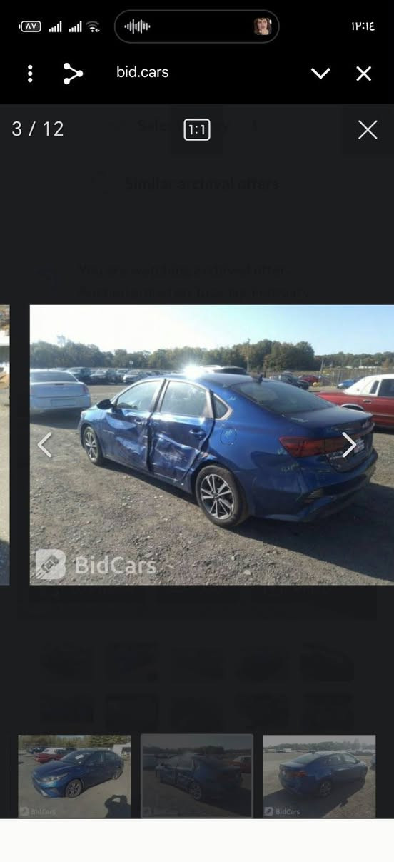 🚘 للبيع كيا فورتي موديل 2022 🚘
رقم واسط، معوقين.

 بعدها بأسم راعيها بالكوت  محجوزة.

متكفّل بالمداور.

صور الحادث موجودة بالمنشور.

الأضرار: البيبان اثنين، والجاملغ الخلفي مصبوغ، والتكمه مصبوغة، ونصف الجمالية فقط مصبوغ.

📞 للاستفسار والاتصال:
*********** دهل اوران, واسط

نص مكتوب في الصور:
- bid.cars 2 / 12 BidCars
- 3 / 12 bid.cars BidCars
- bid.cars
- 6 / 12
- 3 / 12
- Similar archival offers
- You are watching archived offer.
- Auction ended on Tuesday, February
- BidCars