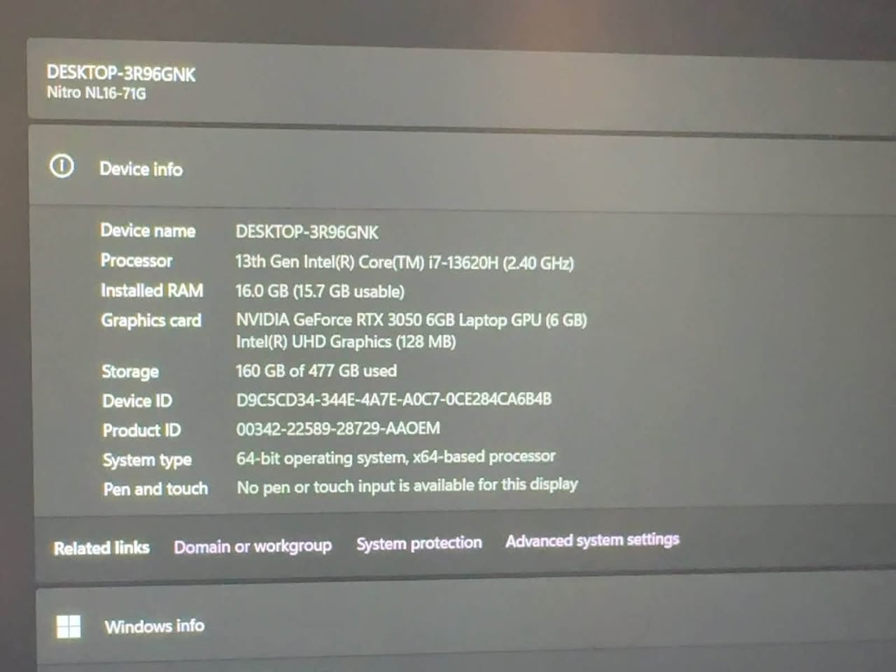 � الموديل: Acer Nitro Lite 16 NL16-71G-790D
🔹 المعالج: Intel Core i7-13620H – الجيل 13
🔹 RAM: 16GB DDR5
🔹 Storage: 512GB NVMe PCIe 4.0 M.2 SSD
🔹 كرت الشاشة: NVIDIA RTX 3050 6GB GDDR6
🔹 الشاشة: 16” FHD+ 1920×1200
🔹 التردد: 165Hz ⚡
🔹 الشاشة: IPS Matte
🔹 النظام: Windows 11 Pro

✨ الحالة: جديدة جداً
💰 السعر: 1,300,000 دينار فقط

🔥 جهاز قوي للألعاب، التصميم، المونتاج والبرامج الثقيلة
***********
